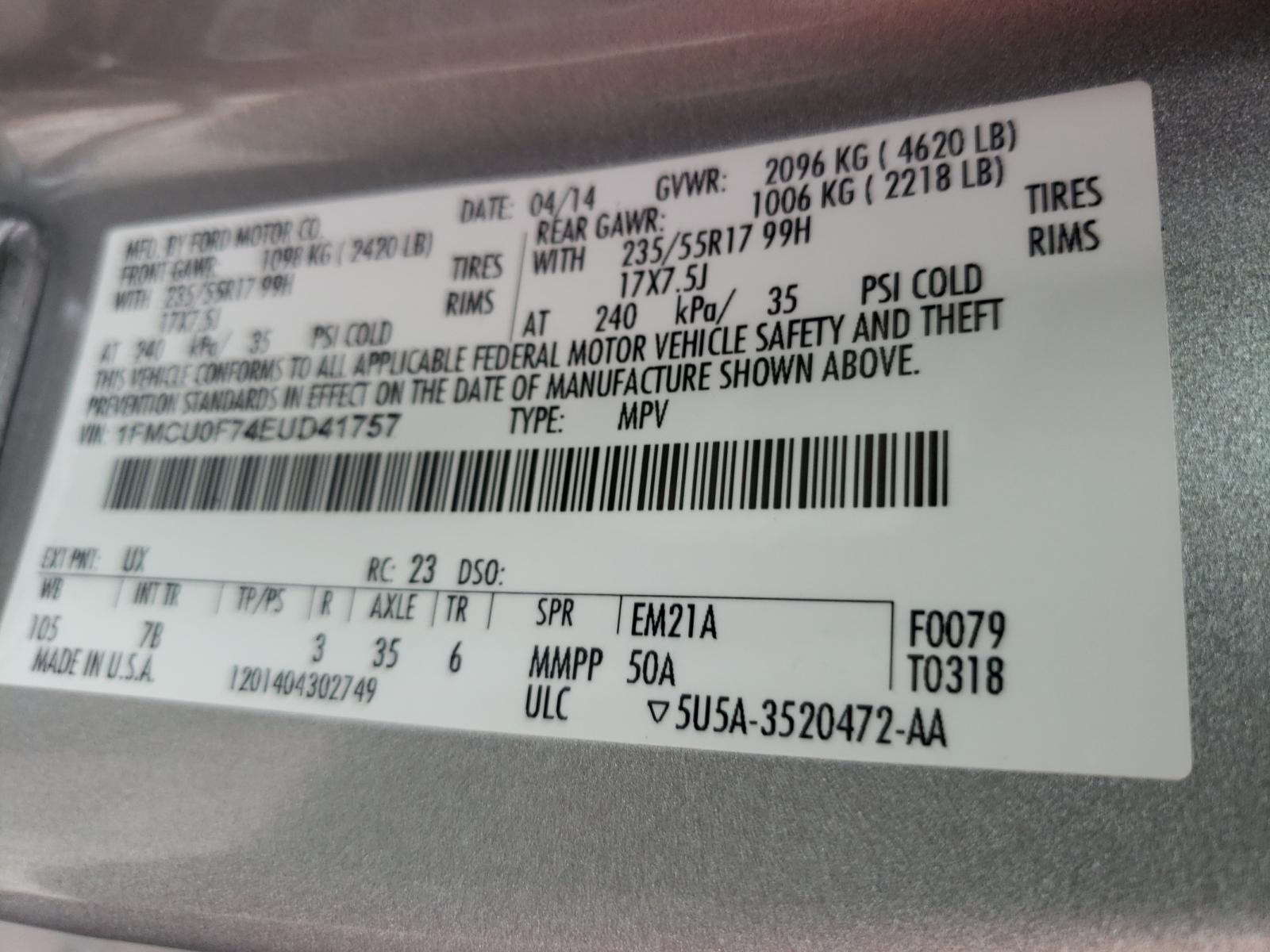 Photo 10 from auction – 2014 FORD ESCAPE S with VIN 1FMCU0F74EUD41757