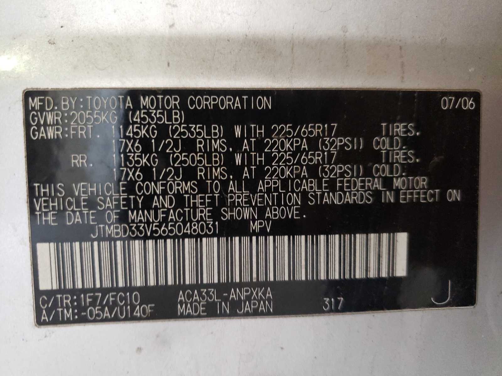 Photo 10 from auction – 2006 TOYOTA RAV4 with VIN JTMBD33V565048031
