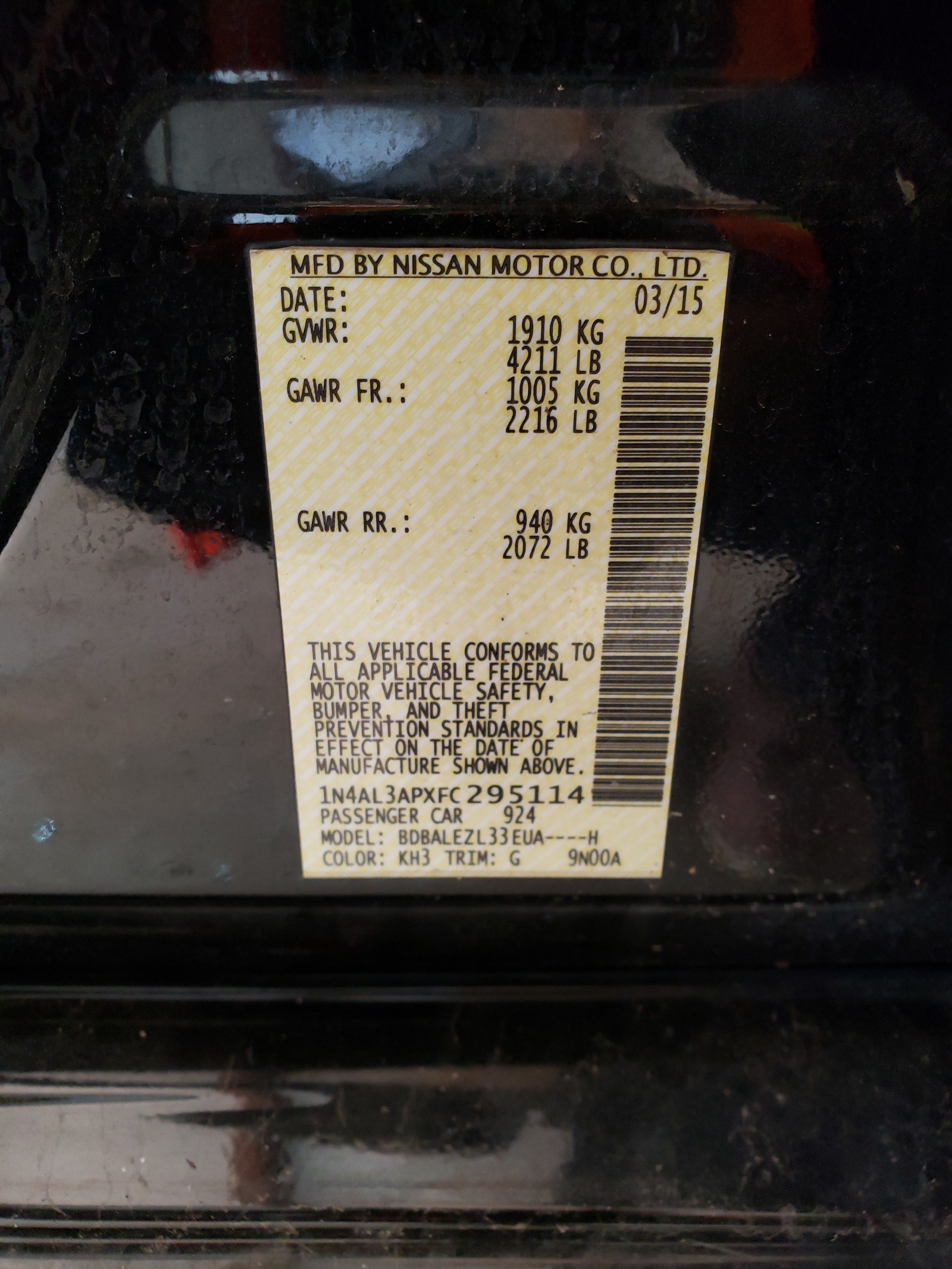 Photo 10 from auction – 2015 NISSAN ALTIMA 2.5 with VIN 1N4AL3APXFC295114