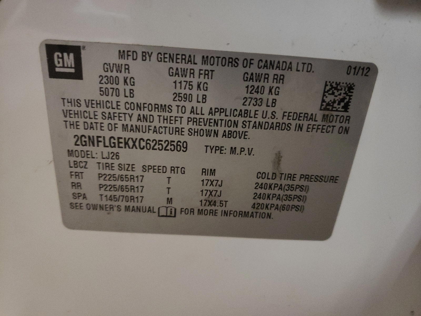 Photo 10 from auction – 2012 CHEVROLET EQUINOX LT with VIN 2GNFLGEKXC6252569