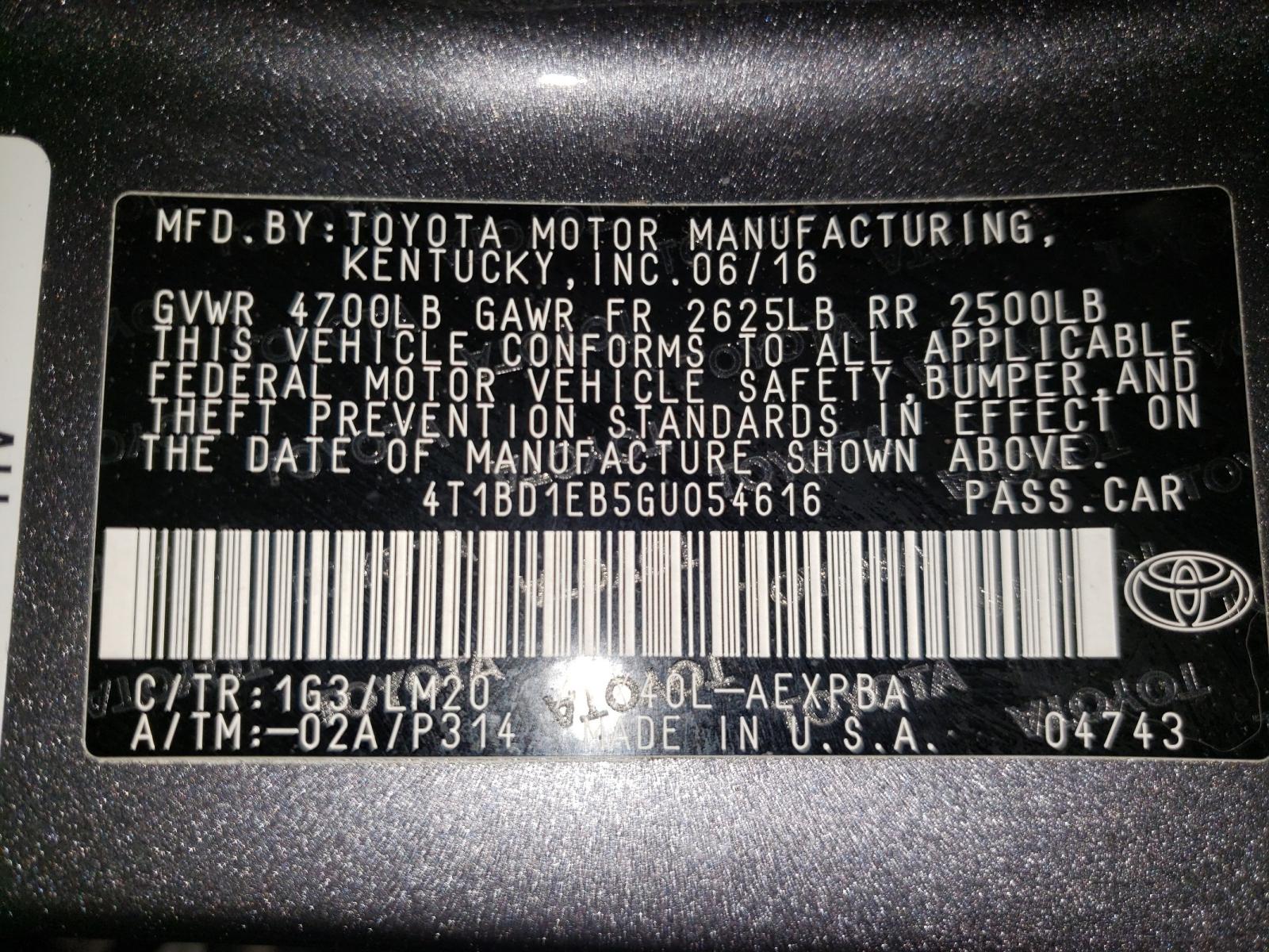 Photo 10 from auction – 2016 TOYOTA AVALON HYB with VIN 4T1BD1EB5GU054616