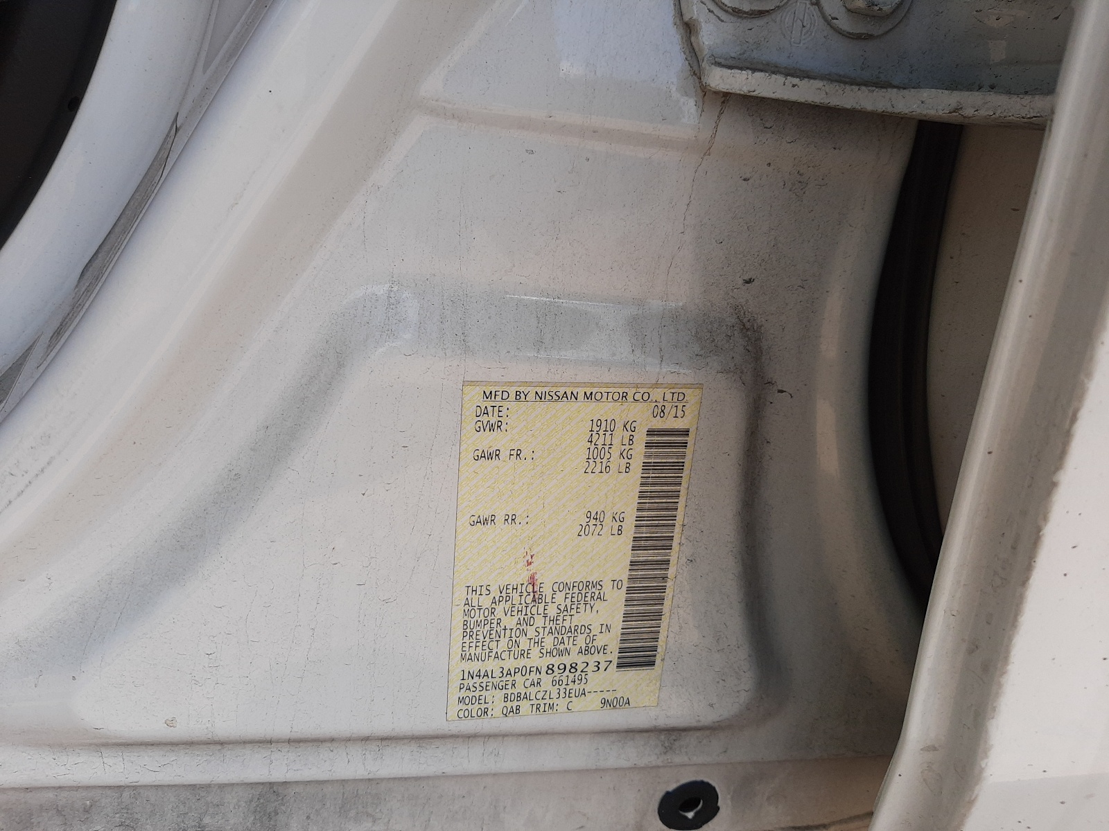 Photo 10 from auction – 2015 NISSAN ALTIMA 2.5 with VIN 1N4AL3AP0FN898237