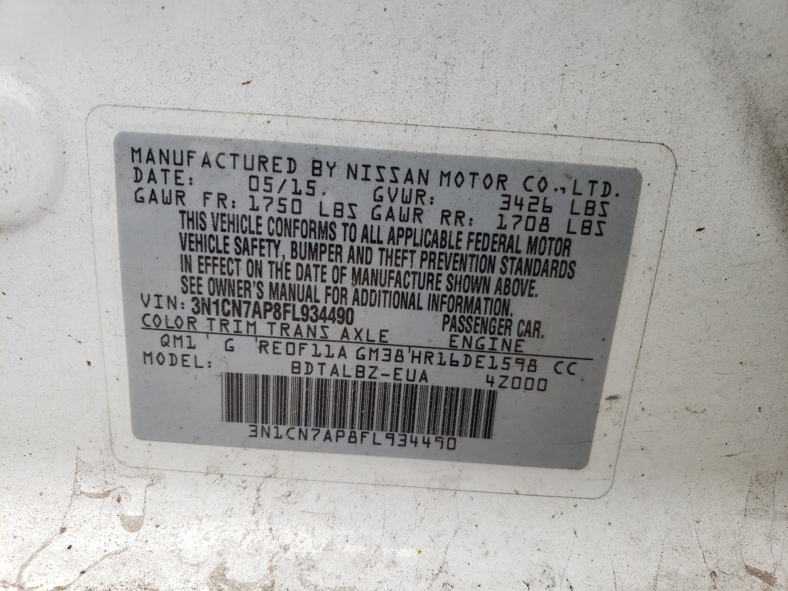 Photo 10 from auction – 2015 NISSAN VERSA S with VIN 3N1CN7AP8FL934490