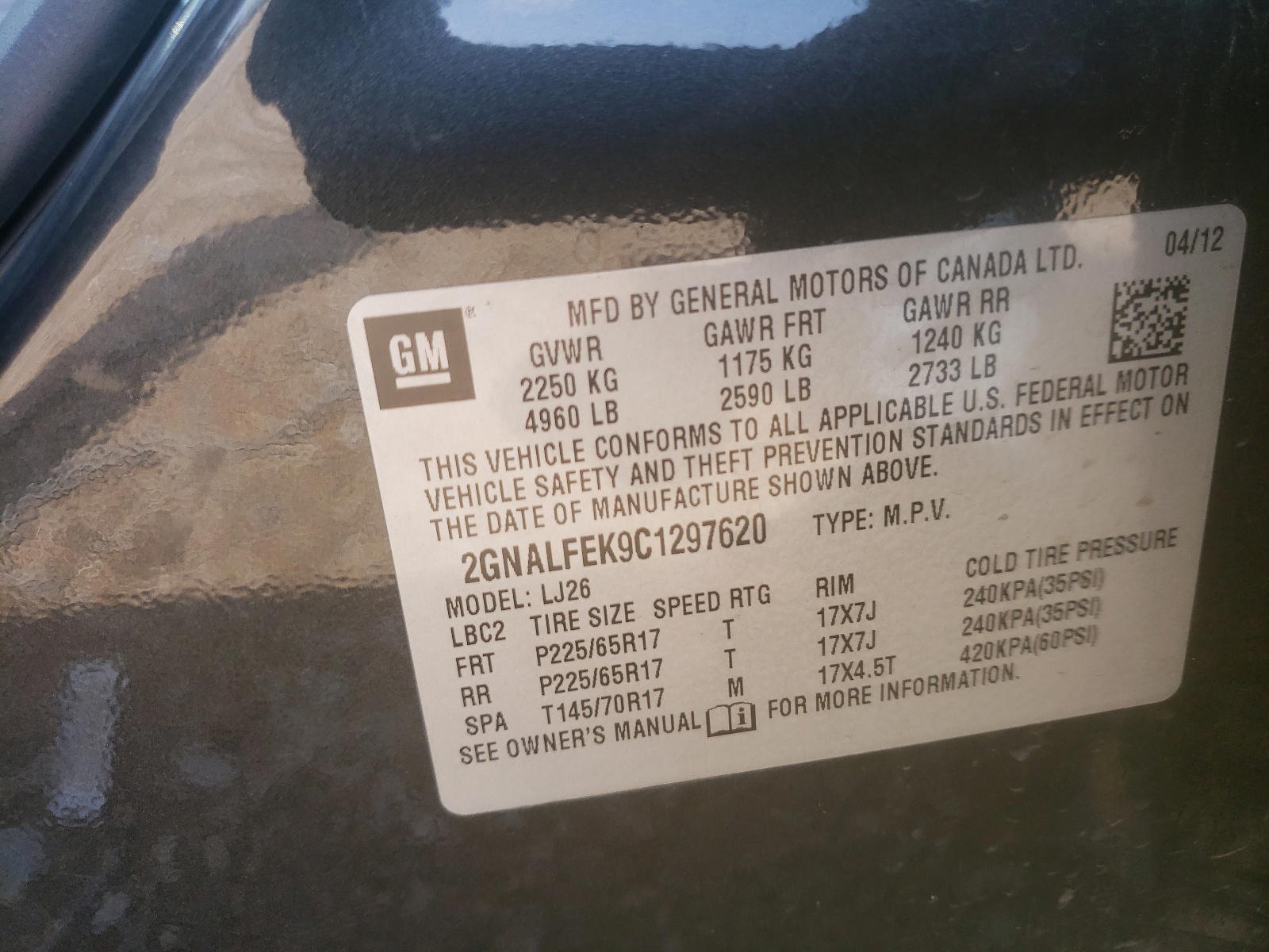 Photo 10 from auction – 2012 CHEVROLET EQUINOX LT with VIN 2GNALFEK9C1297620