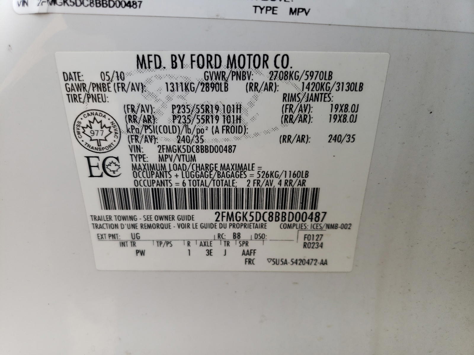 Photo 10 from auction – 2011 FORD FLEX LIMIT with VIN 2FMGK5DC8BBD00487