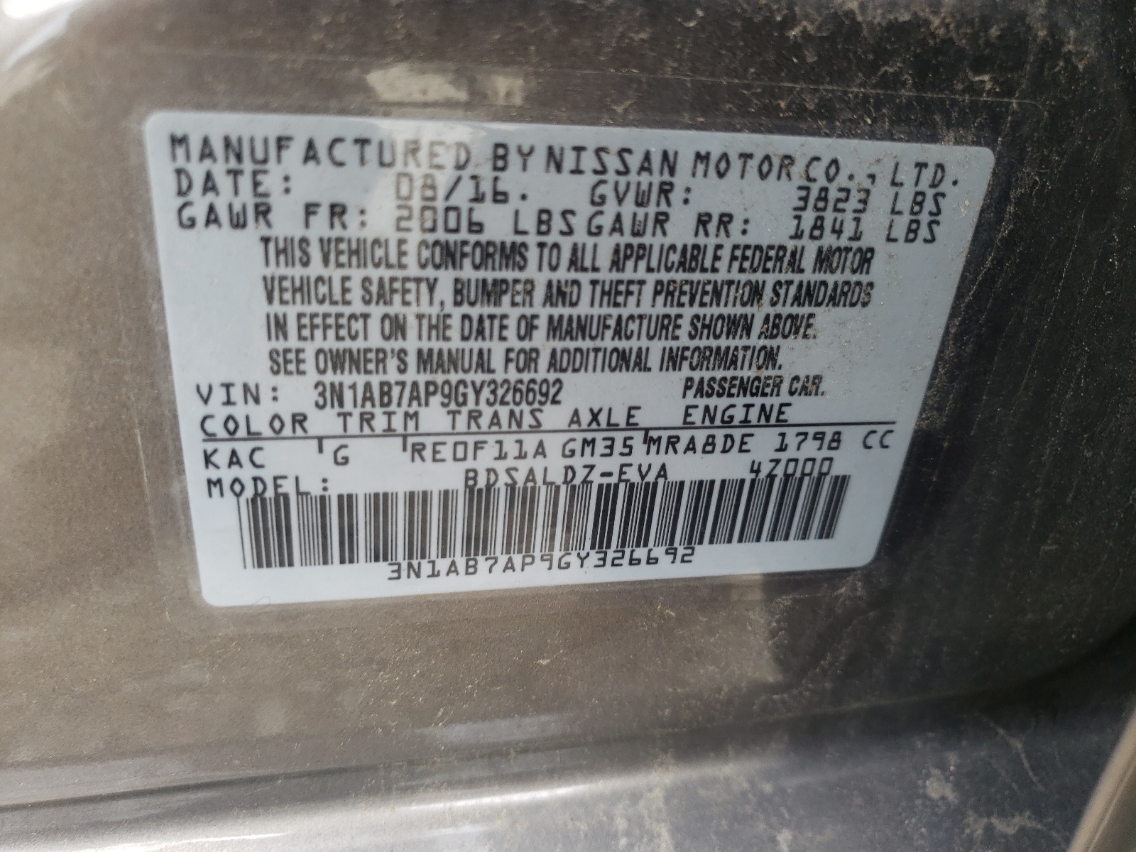 Photo 10 from auction – 2016 NISSAN SENTRA S with VIN 3N1AB7AP9GY326692
