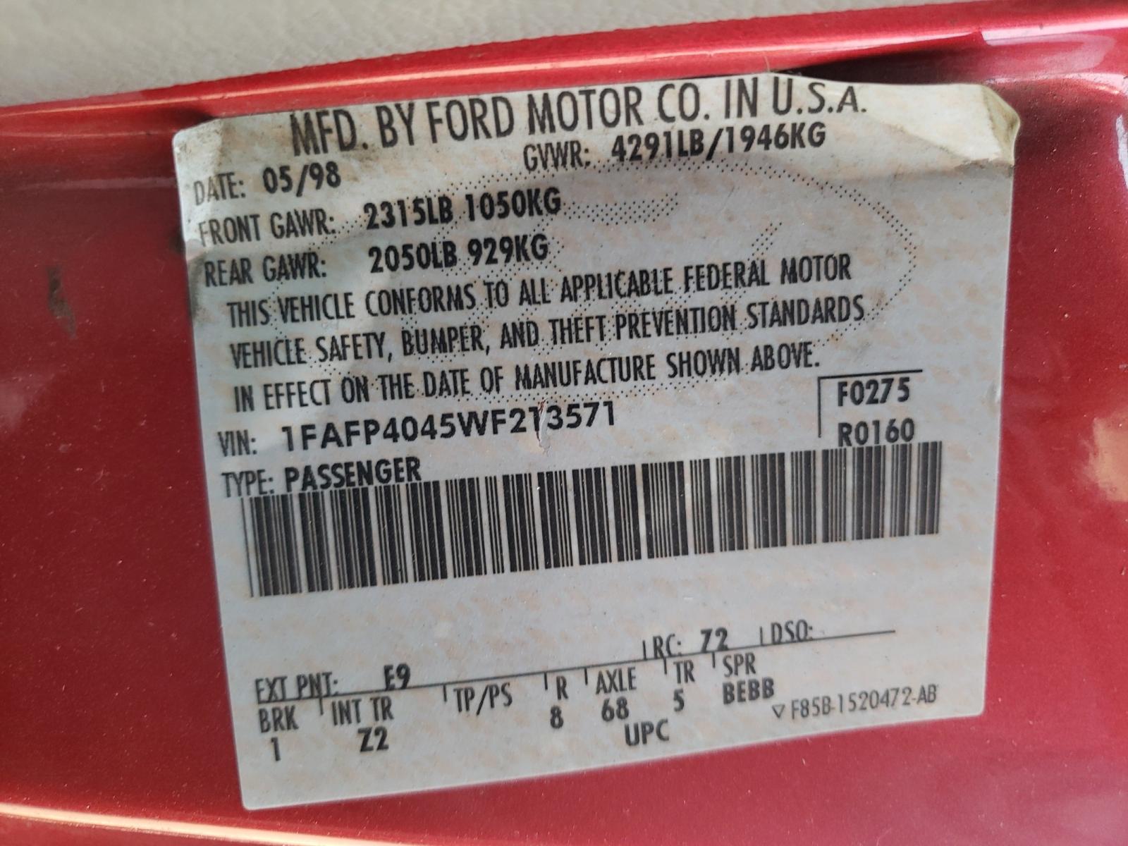 Photo 10 from auction – 1998 FORD MUSTANG with VIN 1FAFP4045WF213571