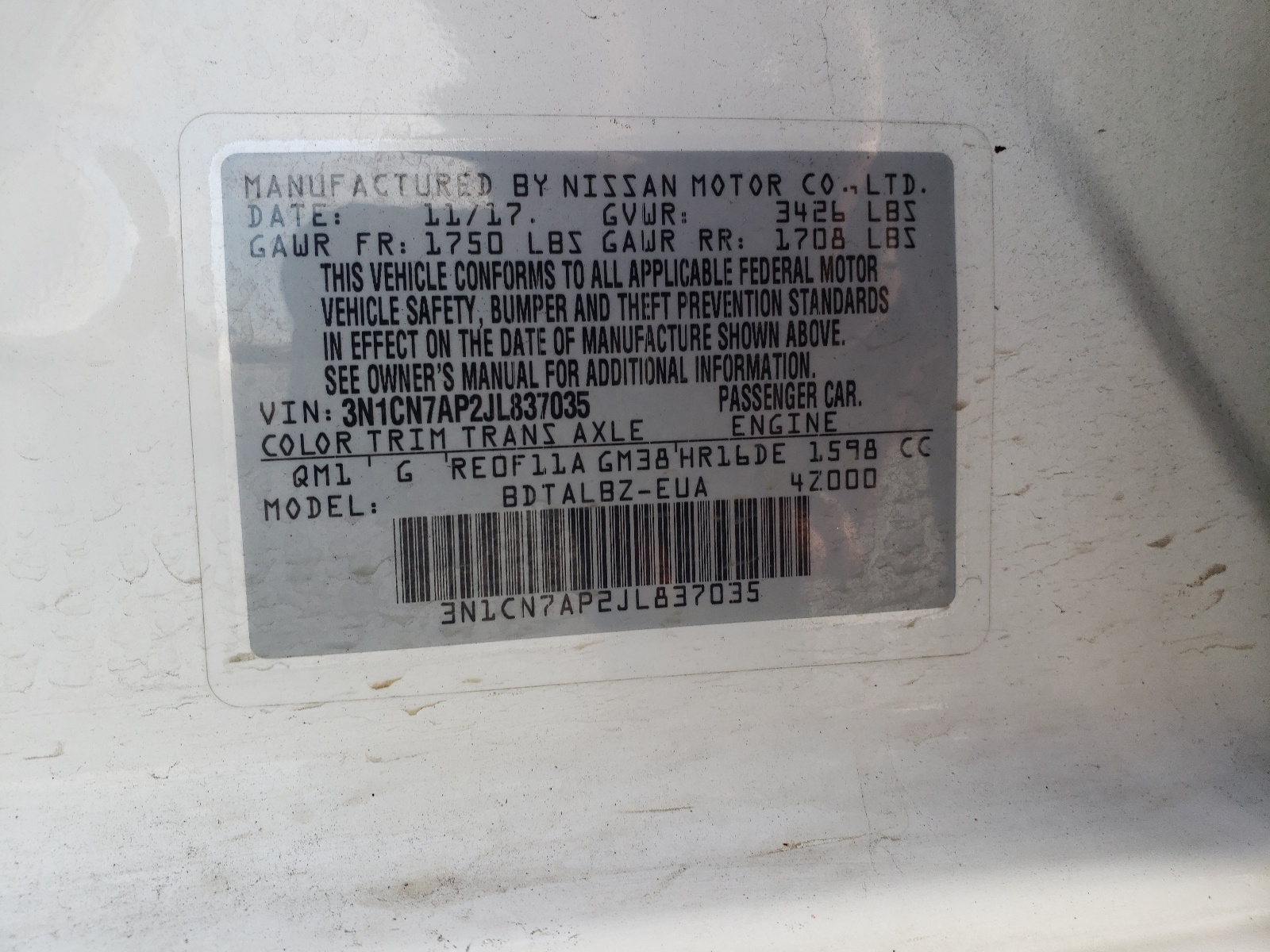 Photo 10 from auction – 2018 NISSAN VERSA S with VIN 3N1CN7AP2JL837035