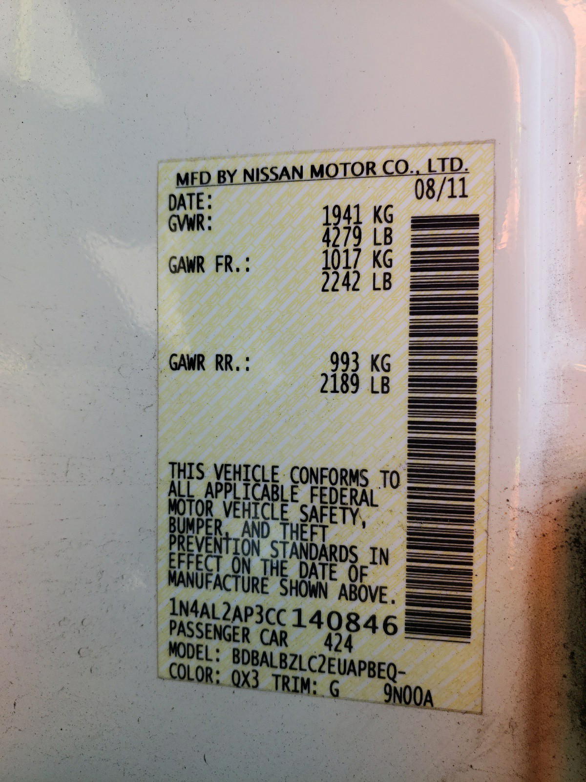 Photo 10 from auction – 2012 NISSAN ALTIMA BAS with VIN 1N4AL2AP3CC140846