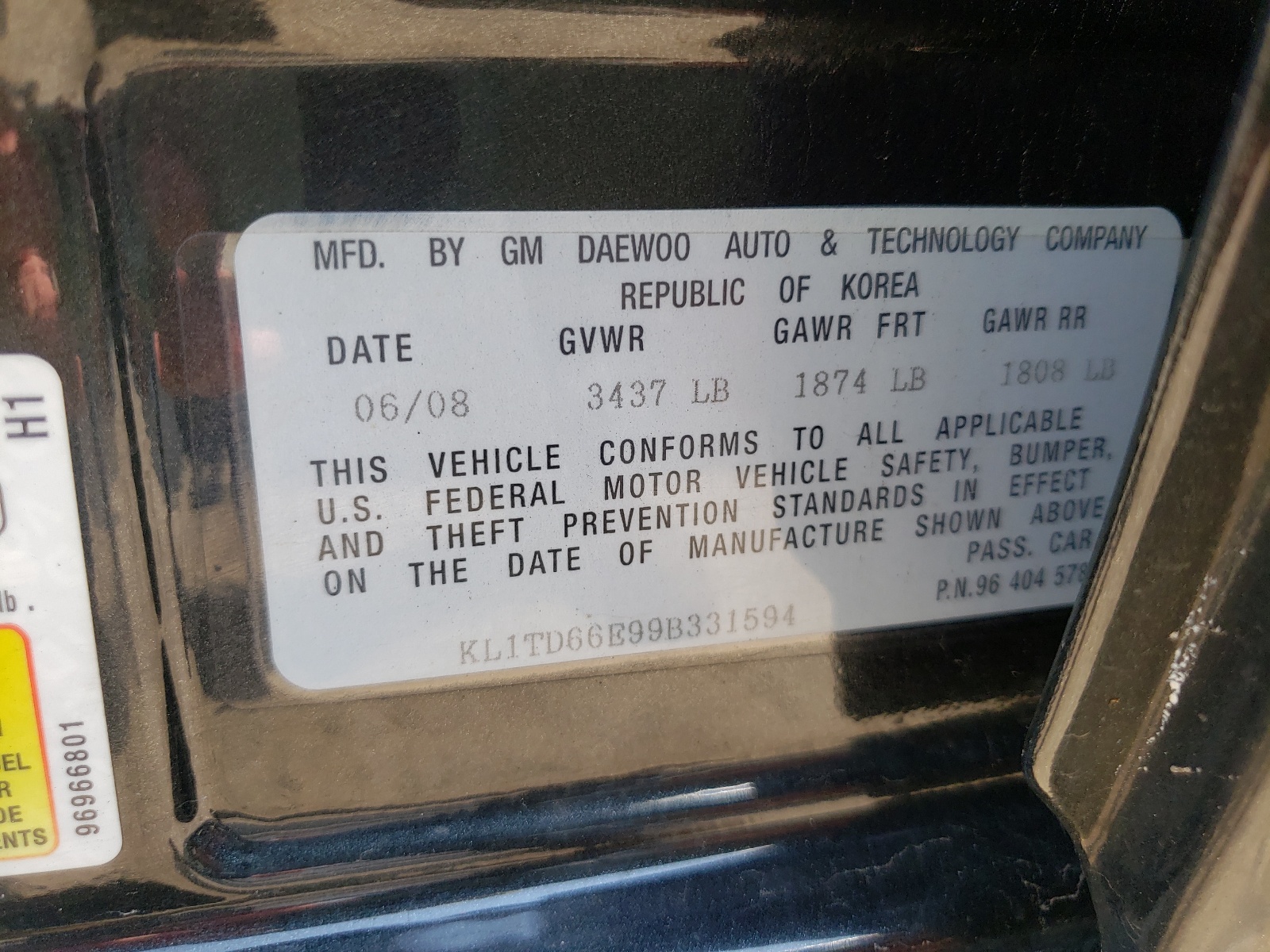 Photo 10 from auction – 2009 CHEVROLET AVEO LS with VIN KL1TD66E99B331594
