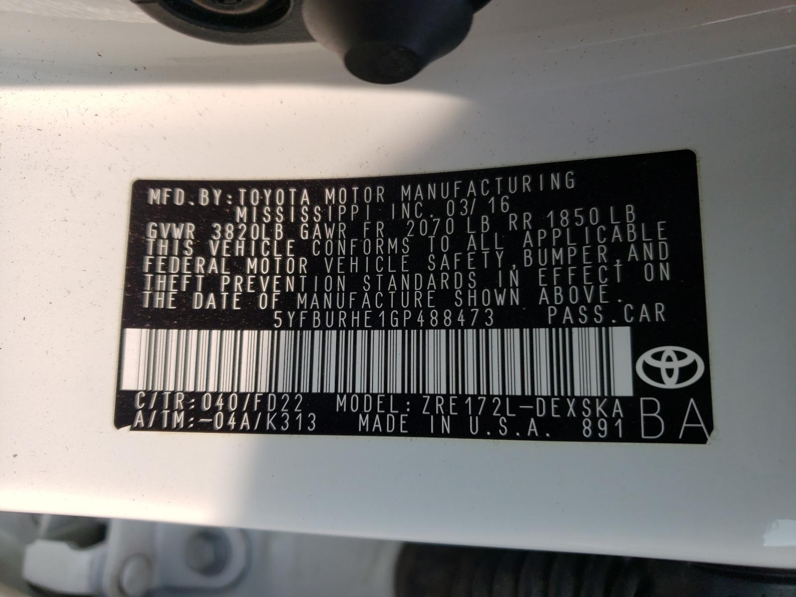 Photo 10 from auction – 2016 TOYOTA COROLLA L with VIN 5YFBURHE1GP488473
