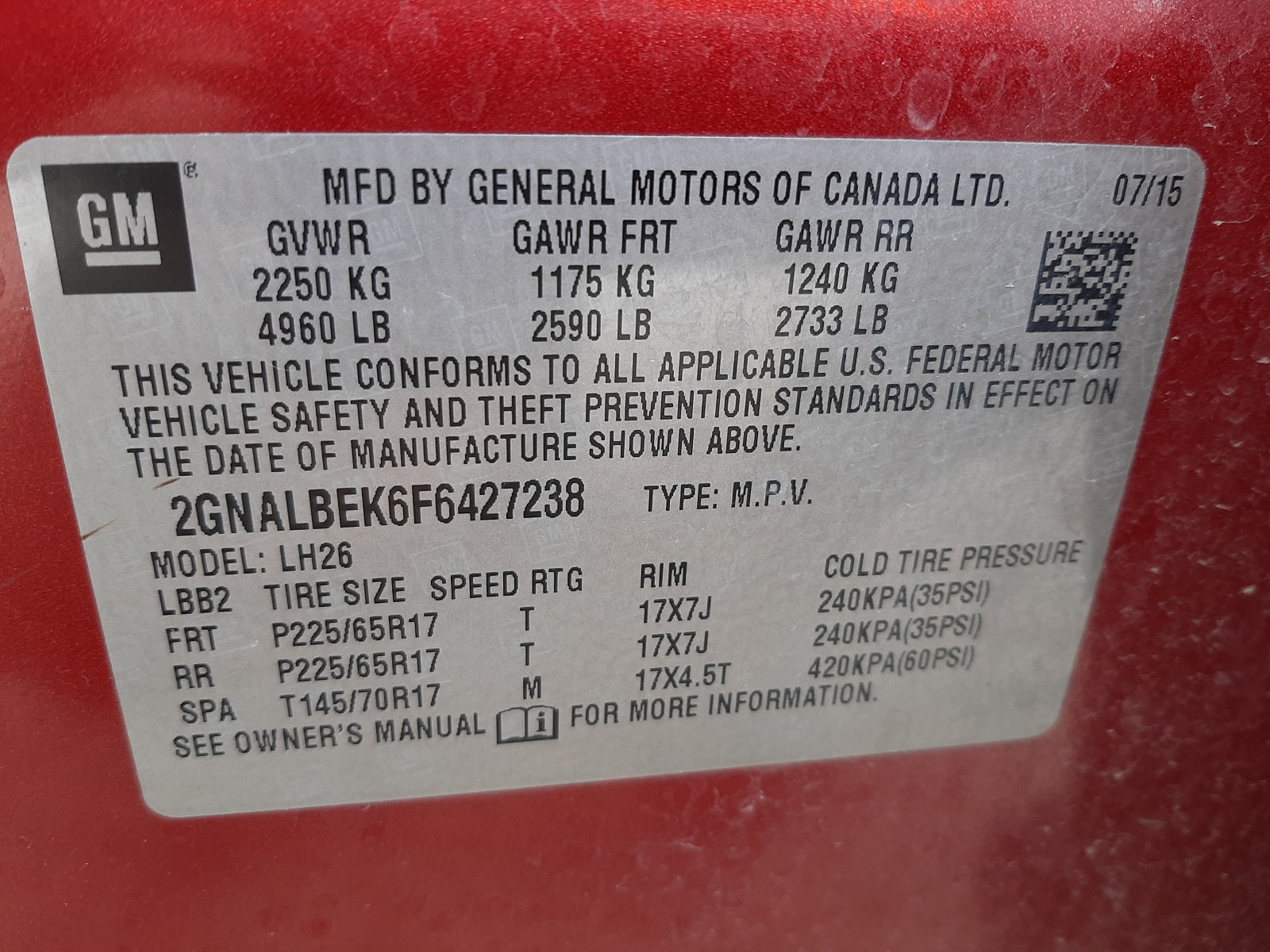 Photo 10 from auction – 2015 CHEVROLET EQUINOX LT with VIN 2GNALBEK6F6427238