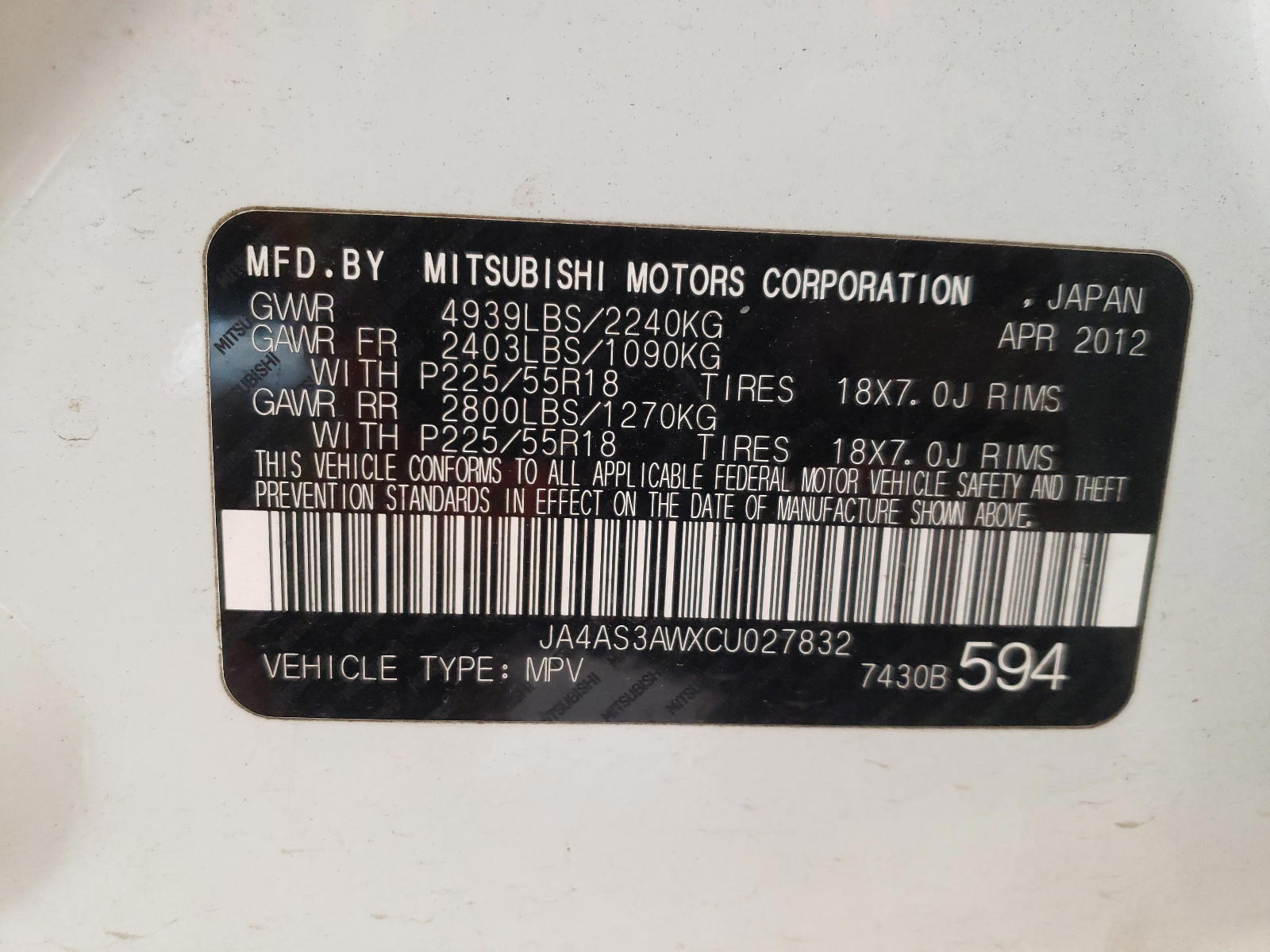 Photo 10 from auction – 2012 MITSUBISHI OUTLANDER with VIN JA4AS3AWXCU027832