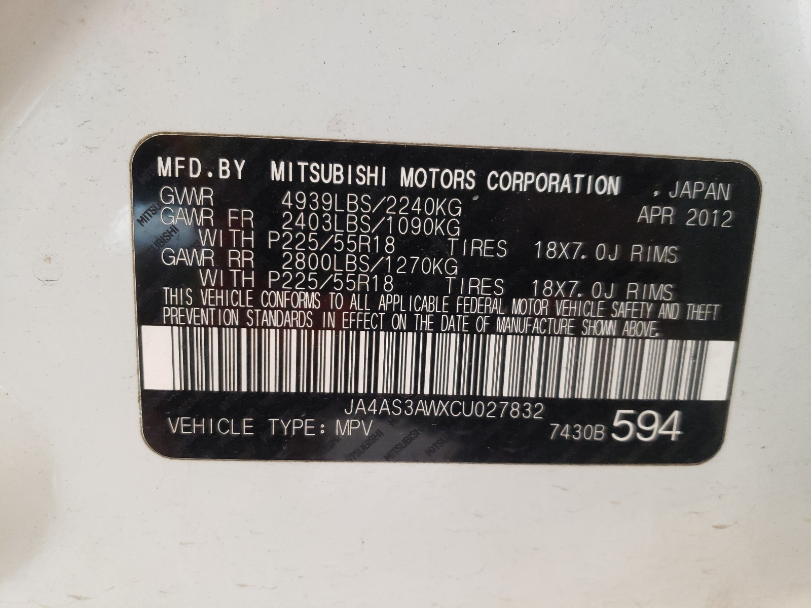 Zdjęcie 10 z aukcji – 2012 MITSUBISHI OUTLANDER z VIN JA4AS3AWXCU027832