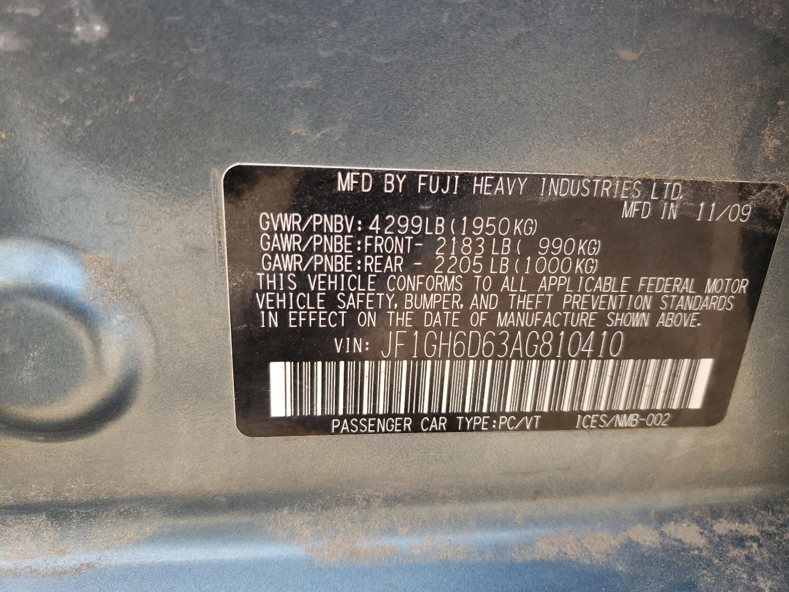 Photo 10 from auction – 2010 SUBARU IMPREZA OU with VIN JF1GH6D63AG810410