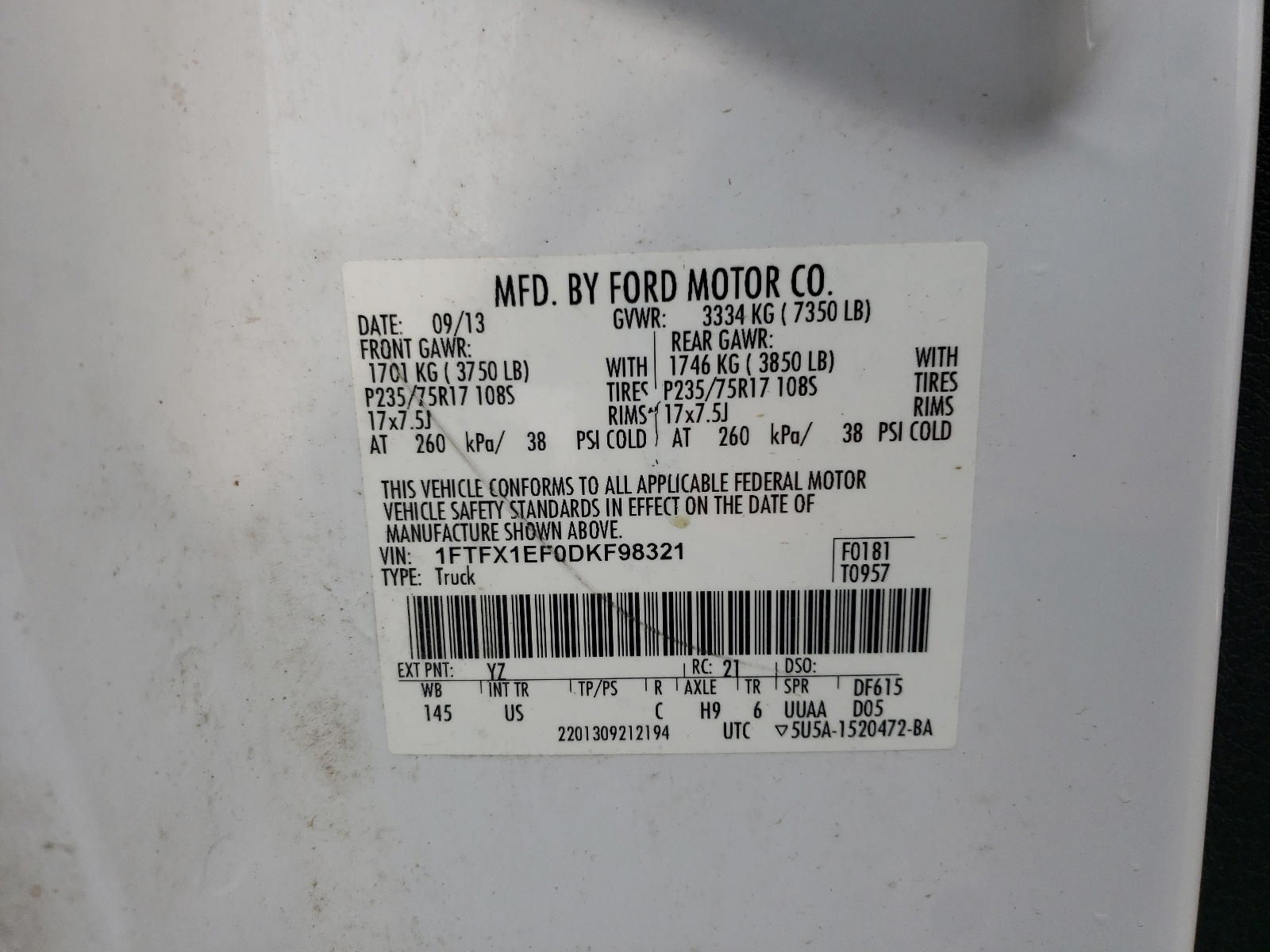 Photo 10 from auction – 2013 FORD F150 SUPER with VIN 1FTFX1EF0DKF98321