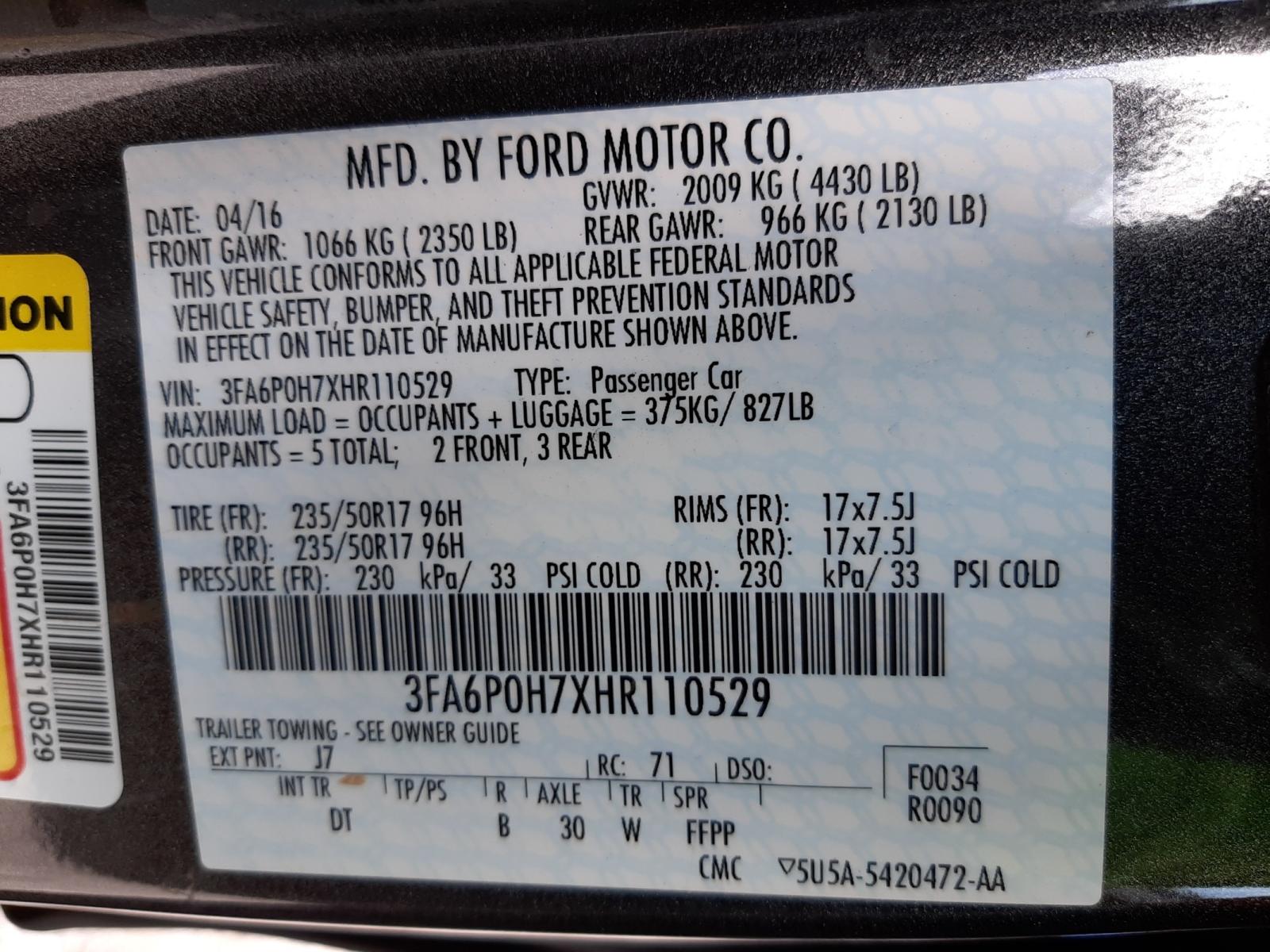 Photo 10 from auction – 2017 FORD FUSION SE with VIN 3FA6P0H7XHR110529