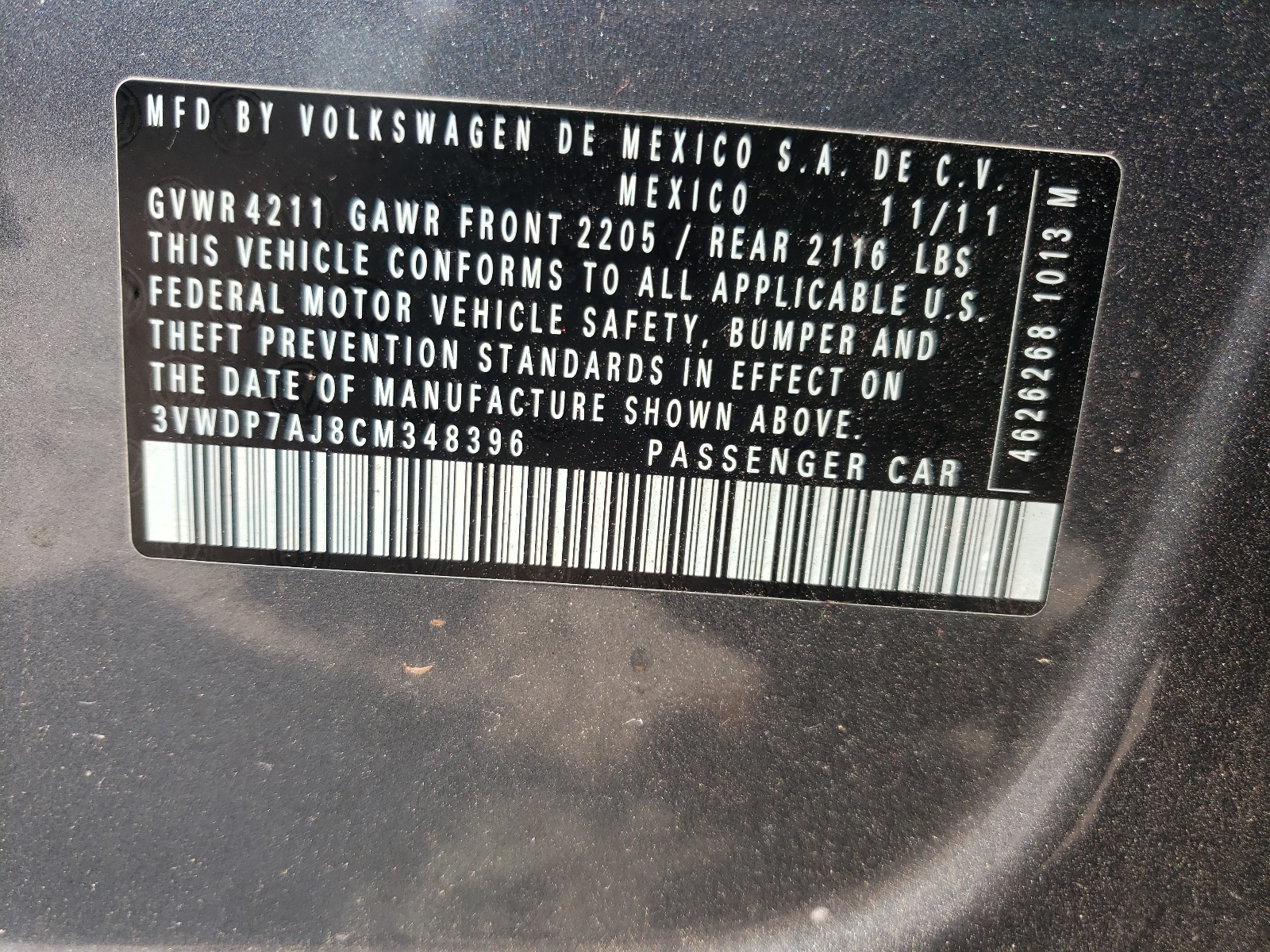 Photo 10 from auction – 2012 VOLKSWAGEN JETTA SE with VIN 3VWDP7AJ8CM348396