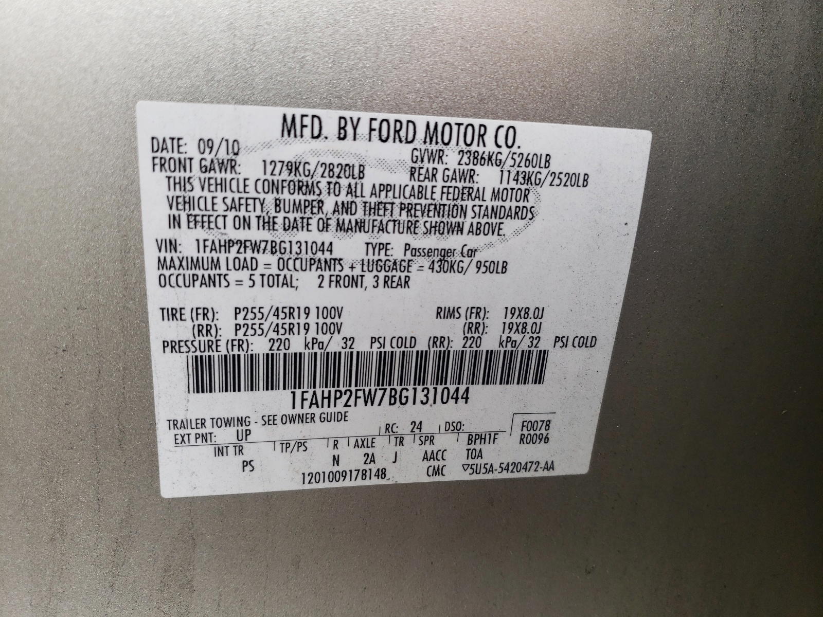 Photo 10 from auction – 2011 FORD TAURUS LIM with VIN 1FAHP2FW7BG131044