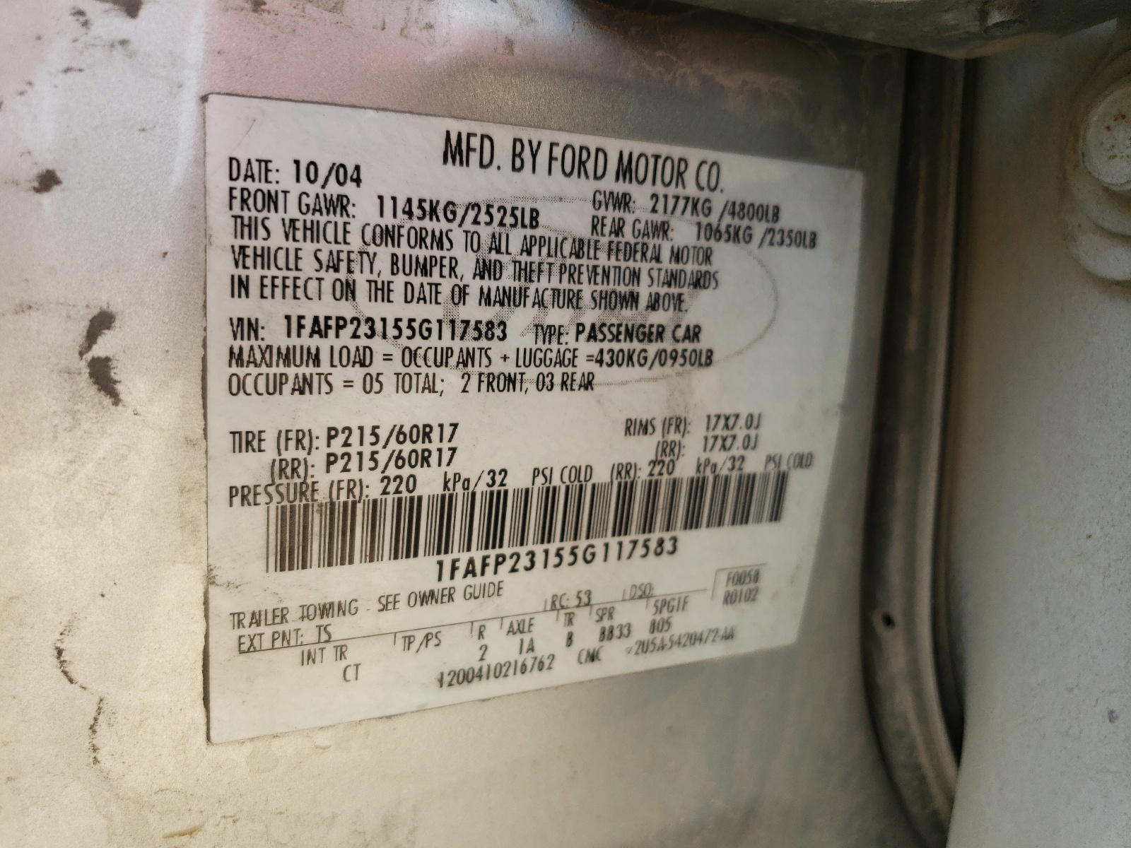 Photo 10 from auction – 2005 FORD FIVE HUNDR with VIN 1FAFP23155G117583
