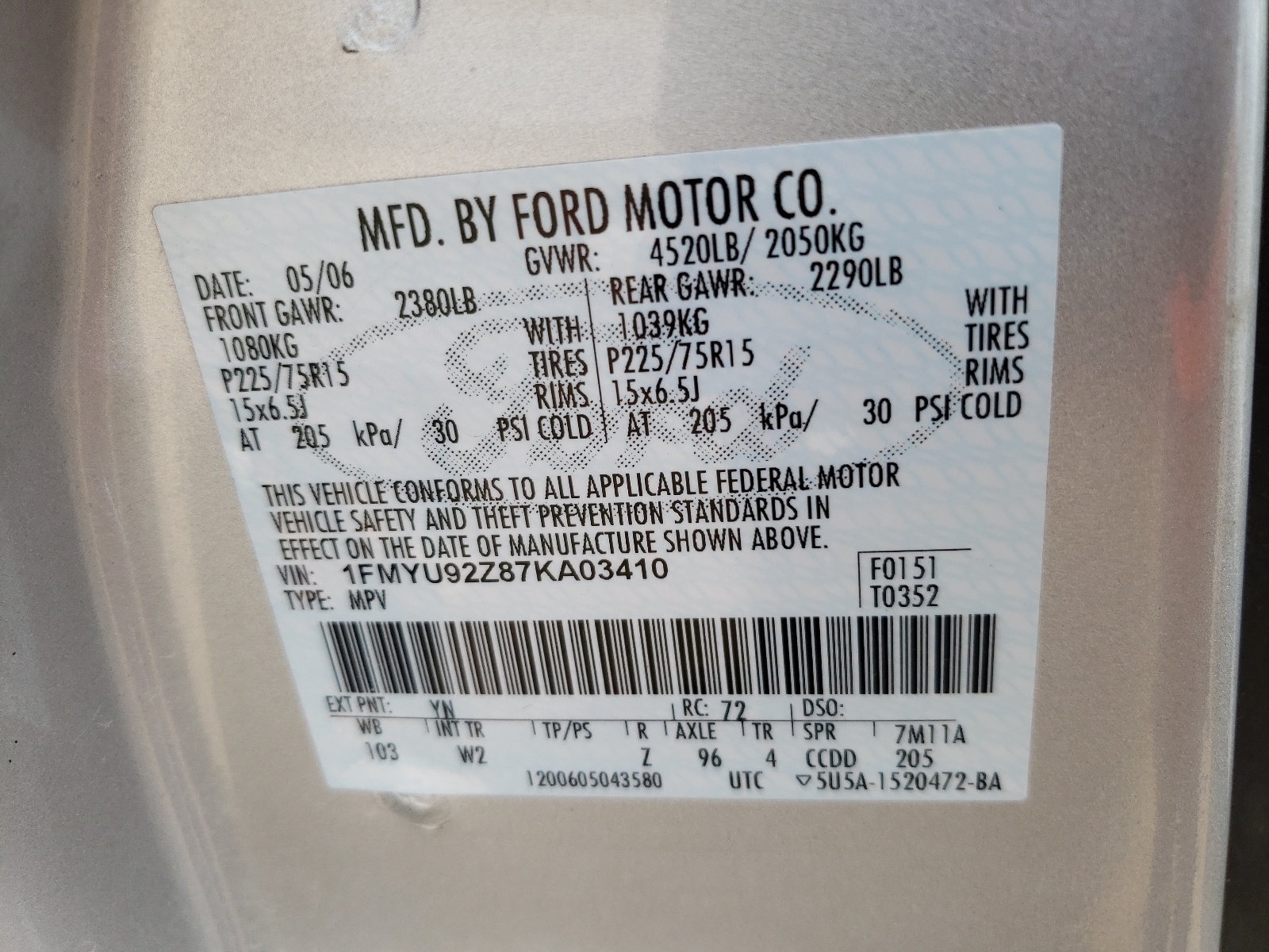 Photo 10 from auction – 2007 FORD ESCAPE XLS with VIN 1FMYU92Z87KA03410