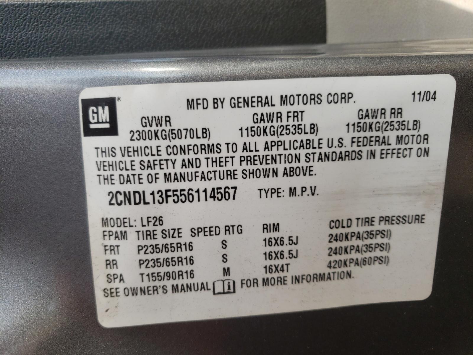 Photo 10 from auction – 2005 CHEVROLET EQUINOX LS with VIN 2CNDL13F556114567
