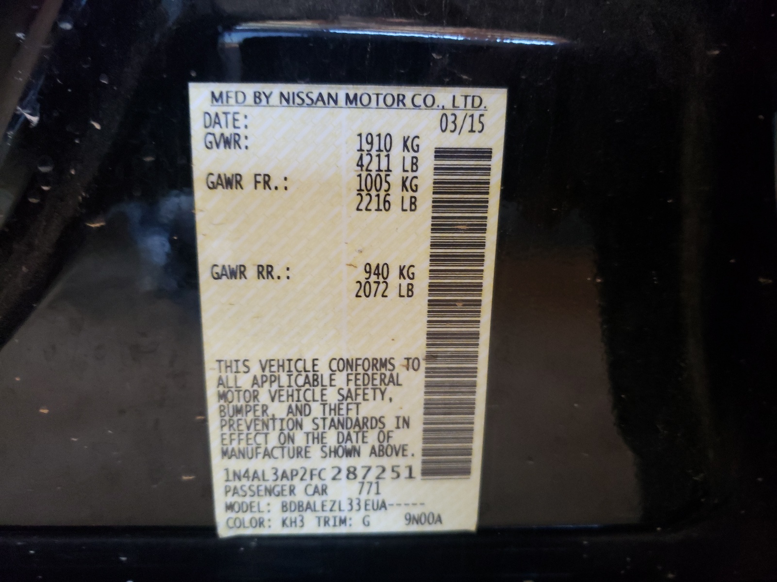 Photo 10 from auction – 2015 NISSAN ALTIMA 2.5 with VIN 1N4AL3AP2FC287251