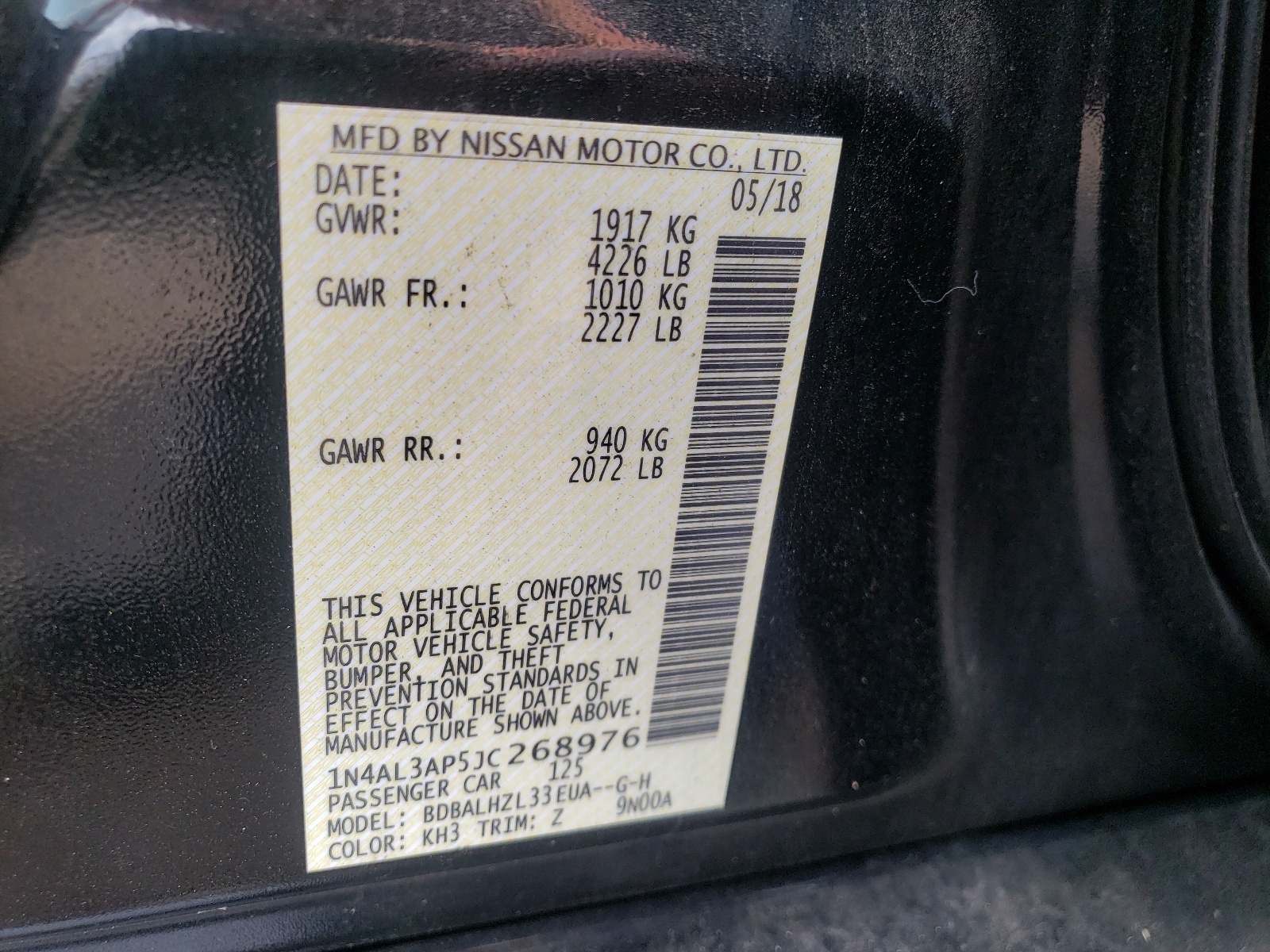 Photo 10 from auction – 2018 NISSAN ALTIMA 2.5 with VIN 1N4AL3AP5JC268976