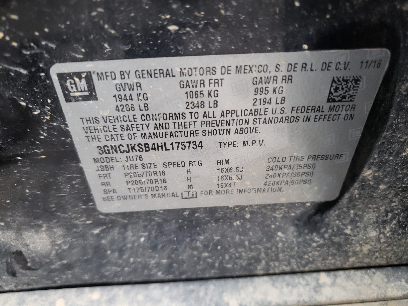 Photo 10 from auction – 2017 CHEVROLET TRAX LS with VIN 3GNCJKSB4HL175734