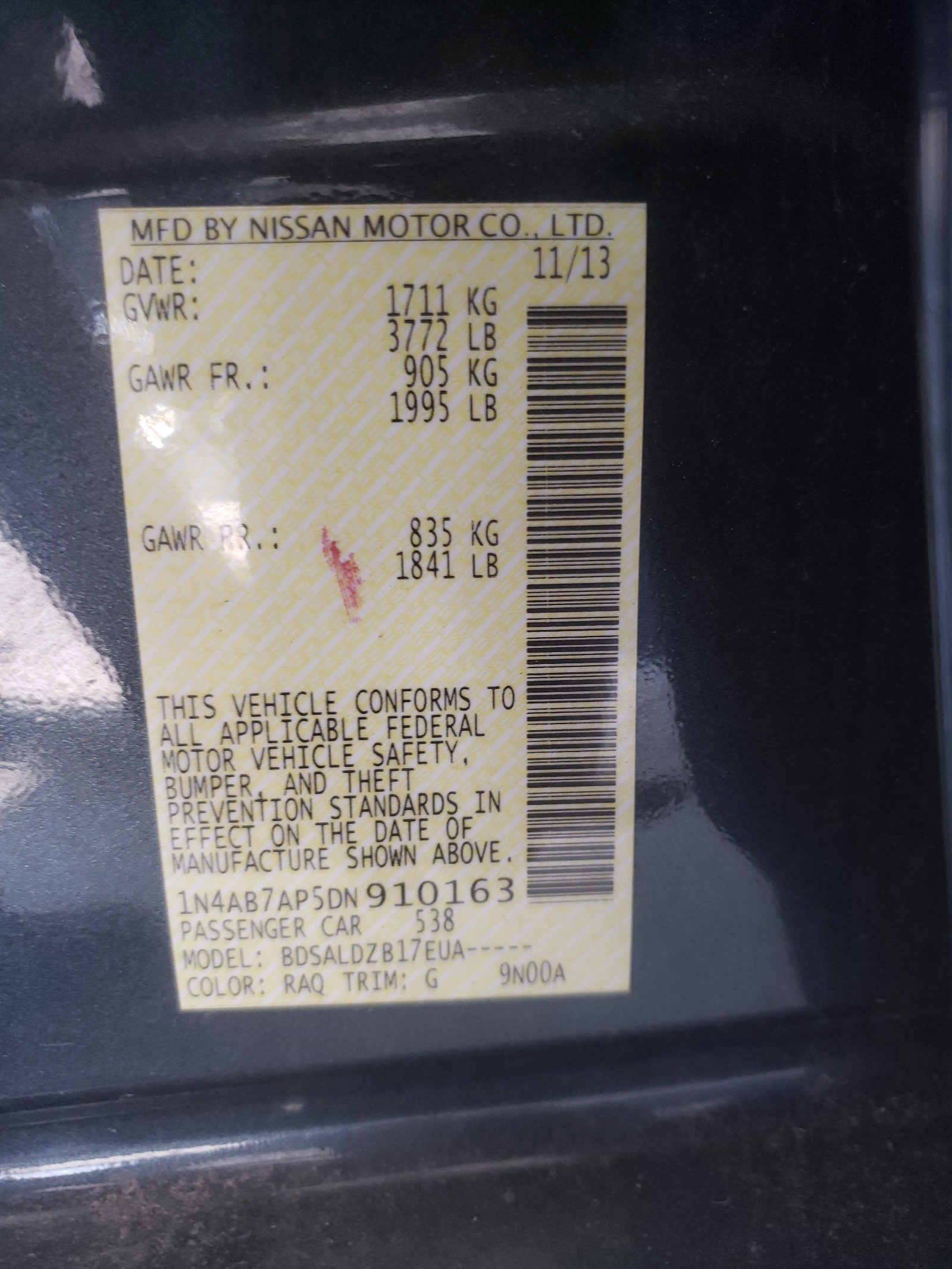 Photo 10 from auction – 2013 NISSAN SENTRA S with VIN 1N4AB7AP5DN910163