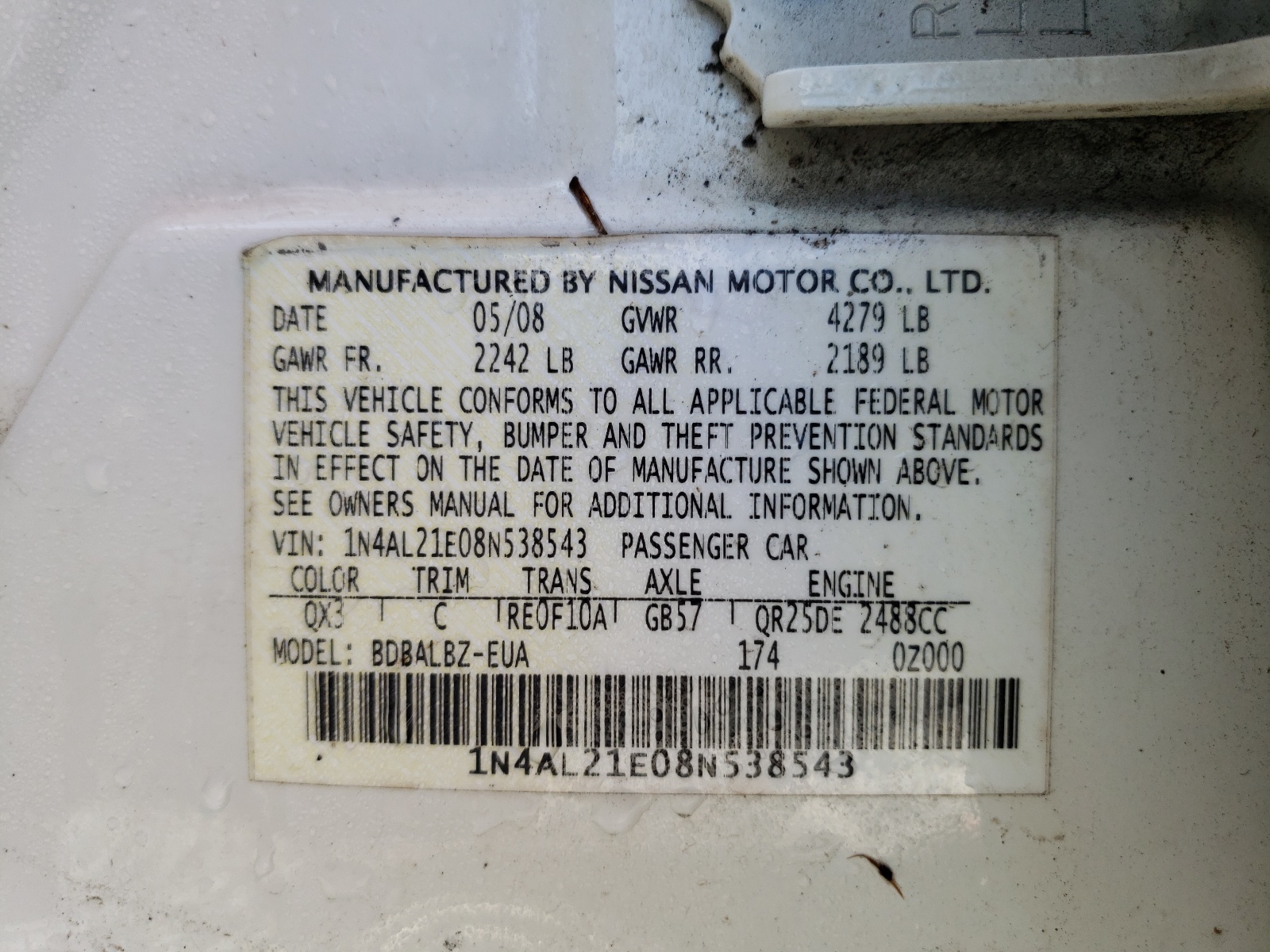 Photo 10 from auction – 2008 NISSAN ALTIMA 2.5 with VIN 1N4AL21E08N538543