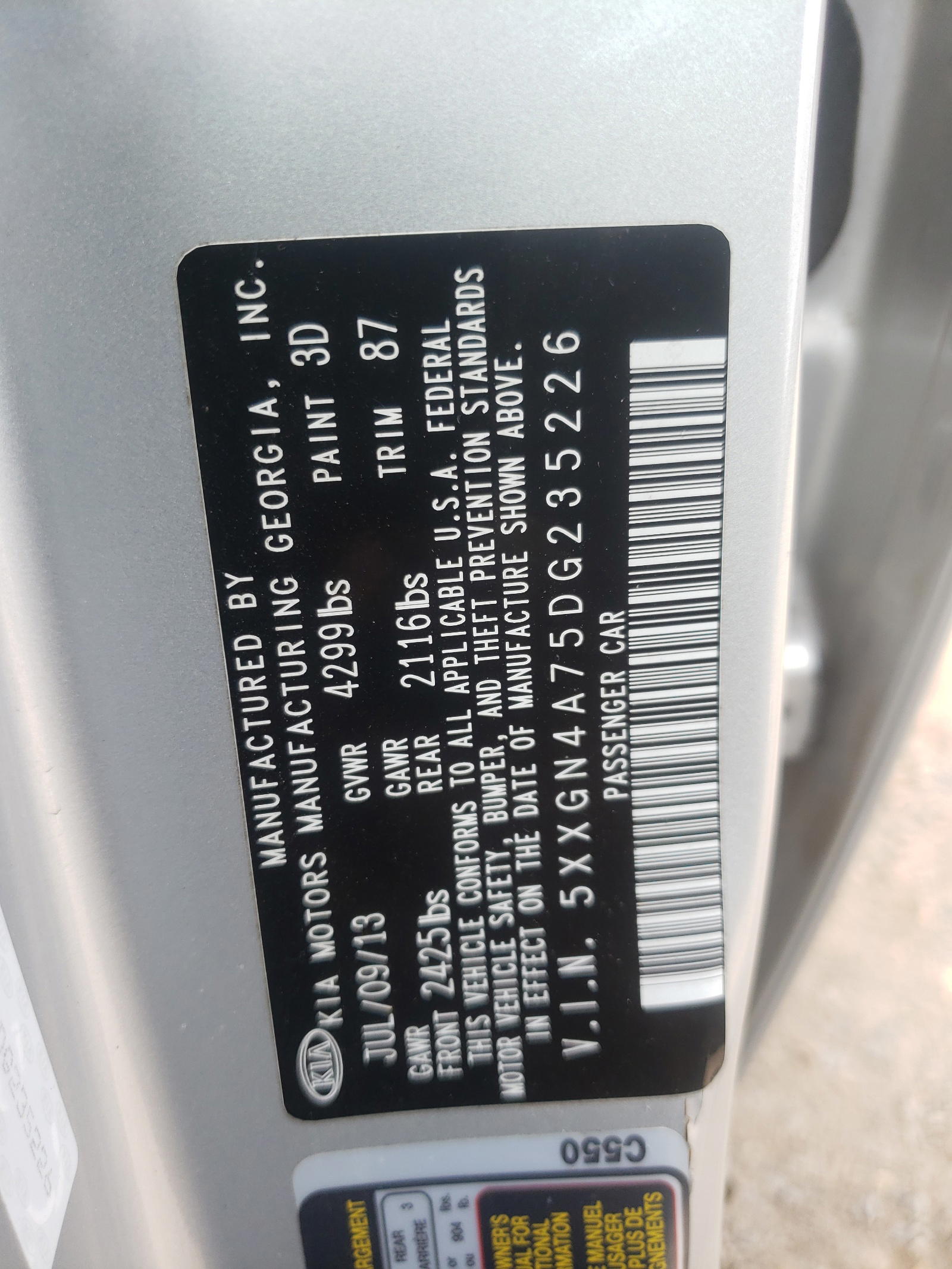 Photo 10 from auction – 2013 KIA OPTIMA EX with VIN 5XXGN4A75DG235226