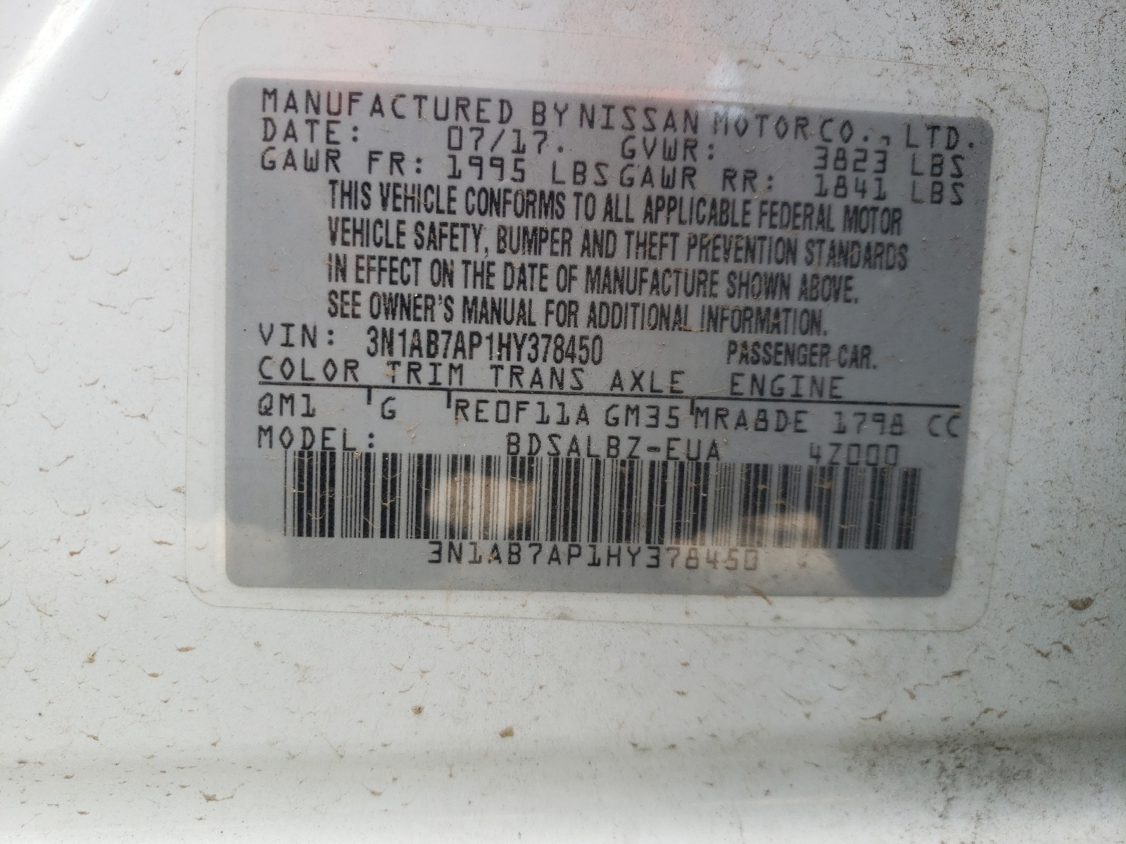 Photo 10 from auction – 2017 NISSAN SENTRA S with VIN 3N1AB7AP1HY378450