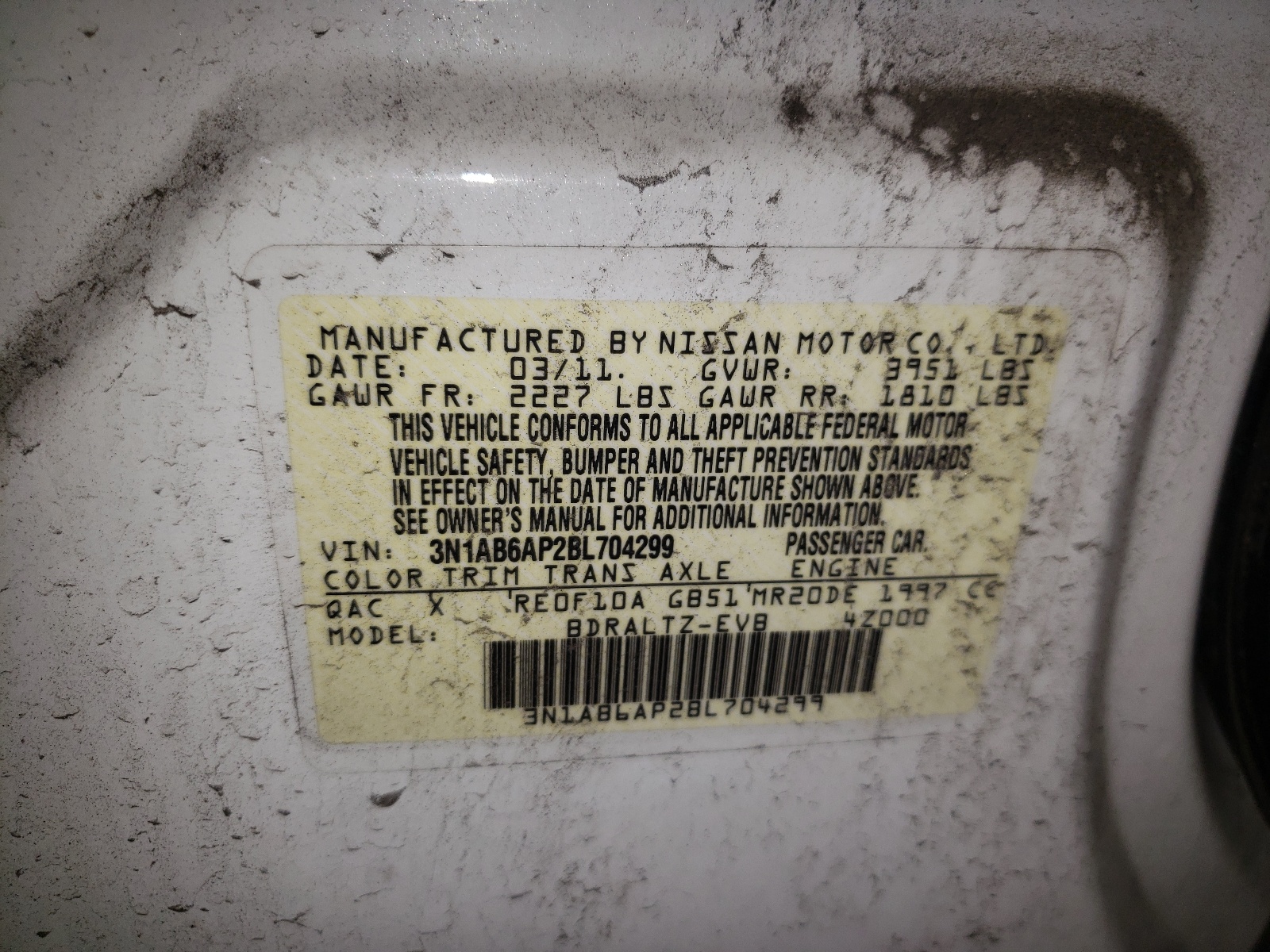 Photo 10 from auction – 2011 NISSAN SENTRA 2.0 with VIN 3N1AB6AP2BL704299