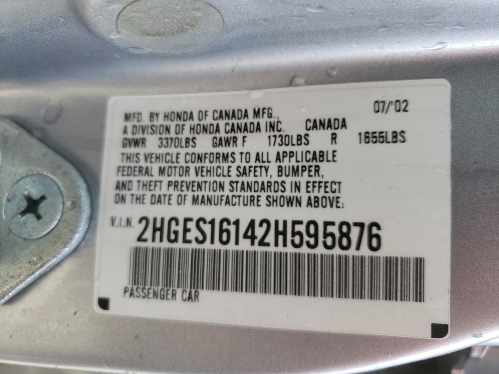 Photo 10 from auction – 2002 HONDA CIVIC DX with VIN 2HGES16142H595876