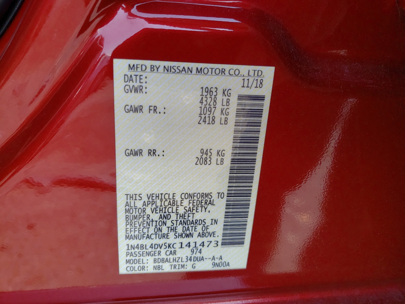 Photo 10 from auction – 2019 NISSAN ALTIMA SV with VIN 1N4BL4DV5KC141473