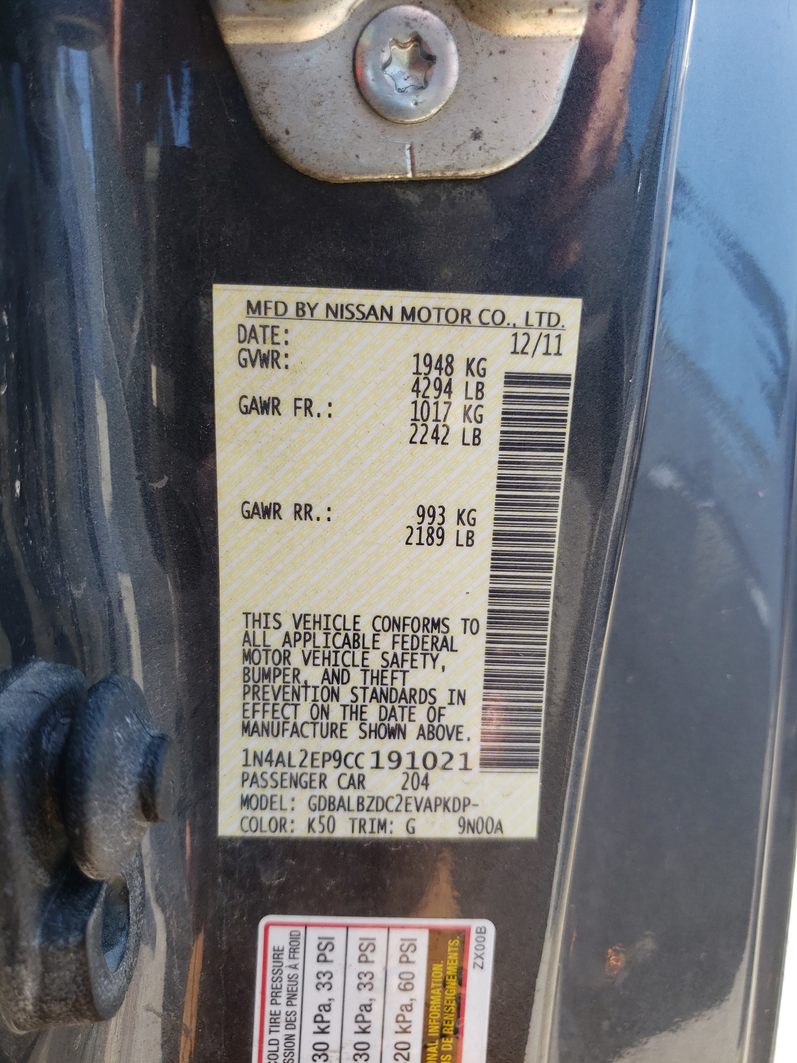 Photo 10 from auction – 2012 NISSAN ALTIMA S with VIN 1N4AL2EP9CC191021