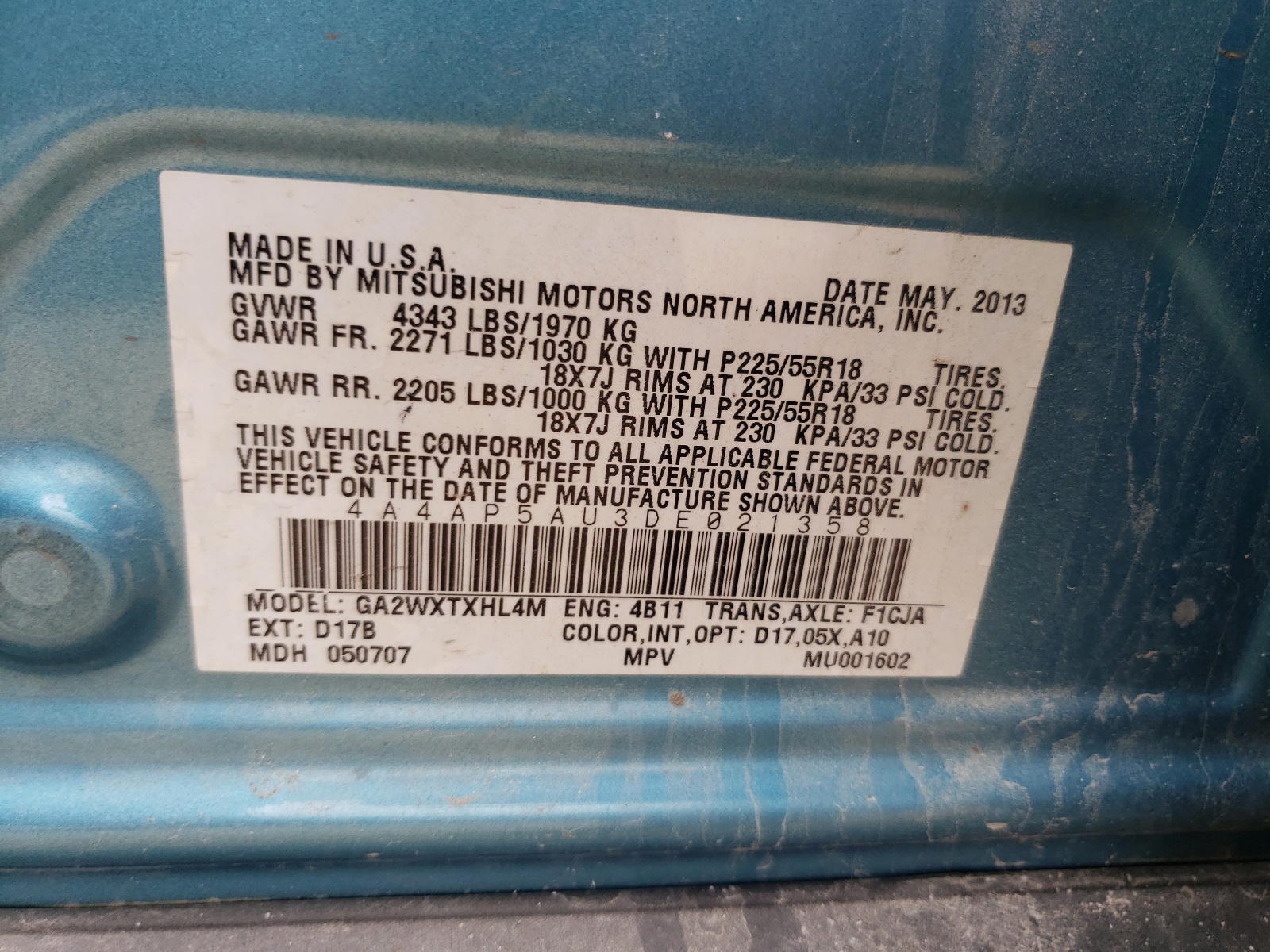 Photo 10 from auction – 2013 MITSUBISHI OUTLANDER with VIN 4A4AP5AU3DE021358