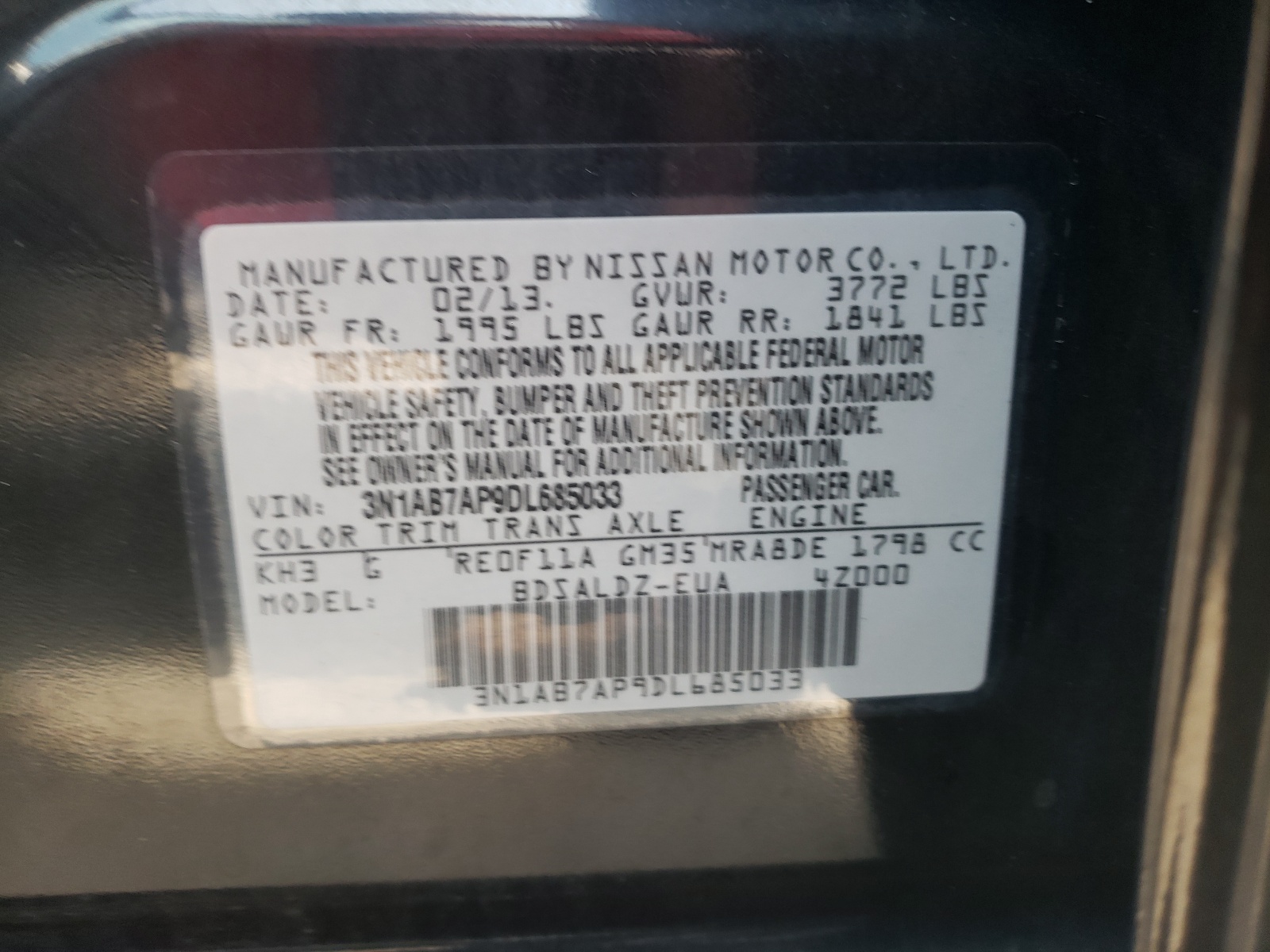 Photo 10 from auction – 2013 NISSAN SENTRA S with VIN 3N1AB7AP9DL685033
