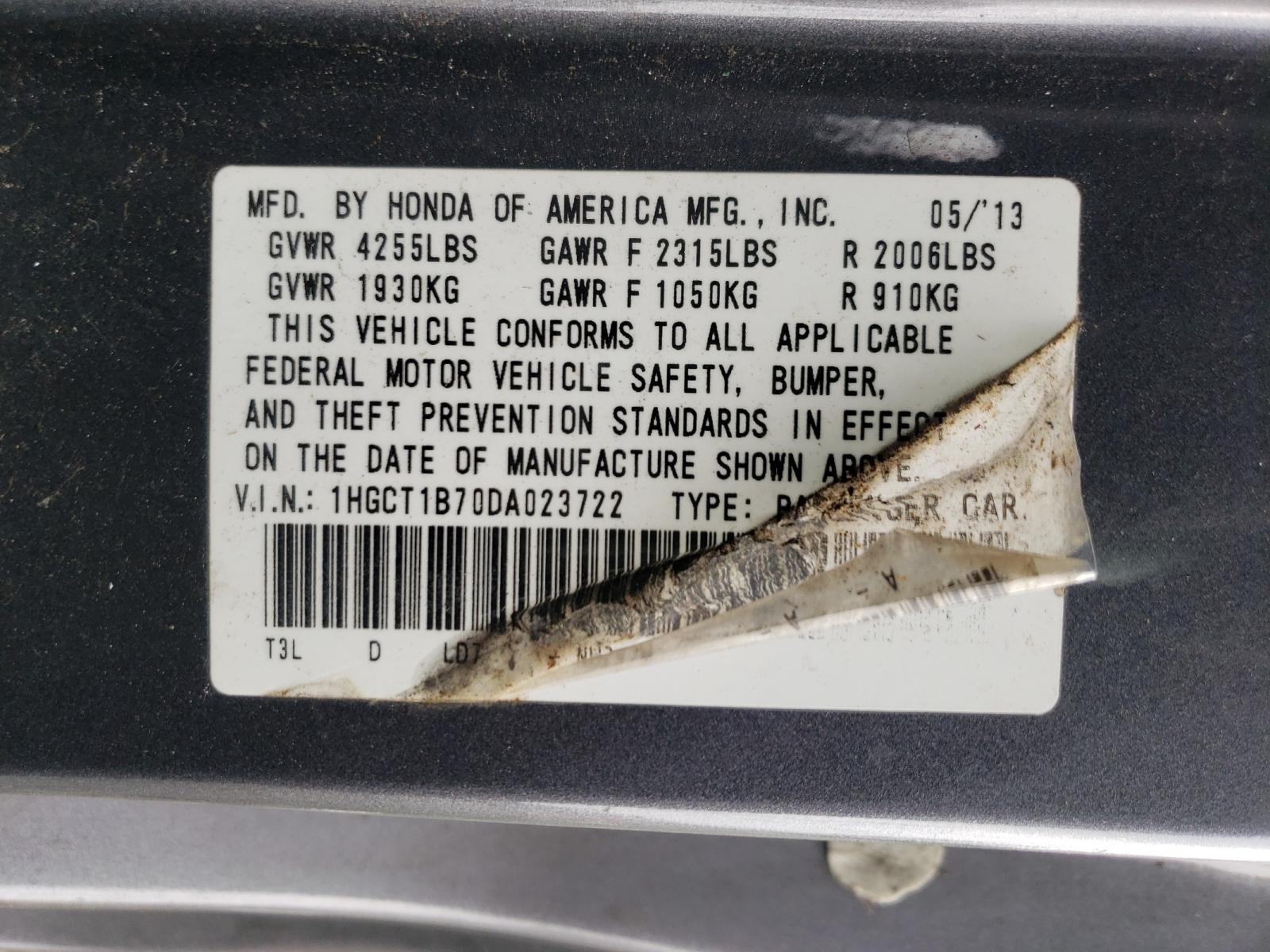Photo 10 from auction – 2013 HONDA ACCORD EX with VIN 1HGCT1B70DA023722