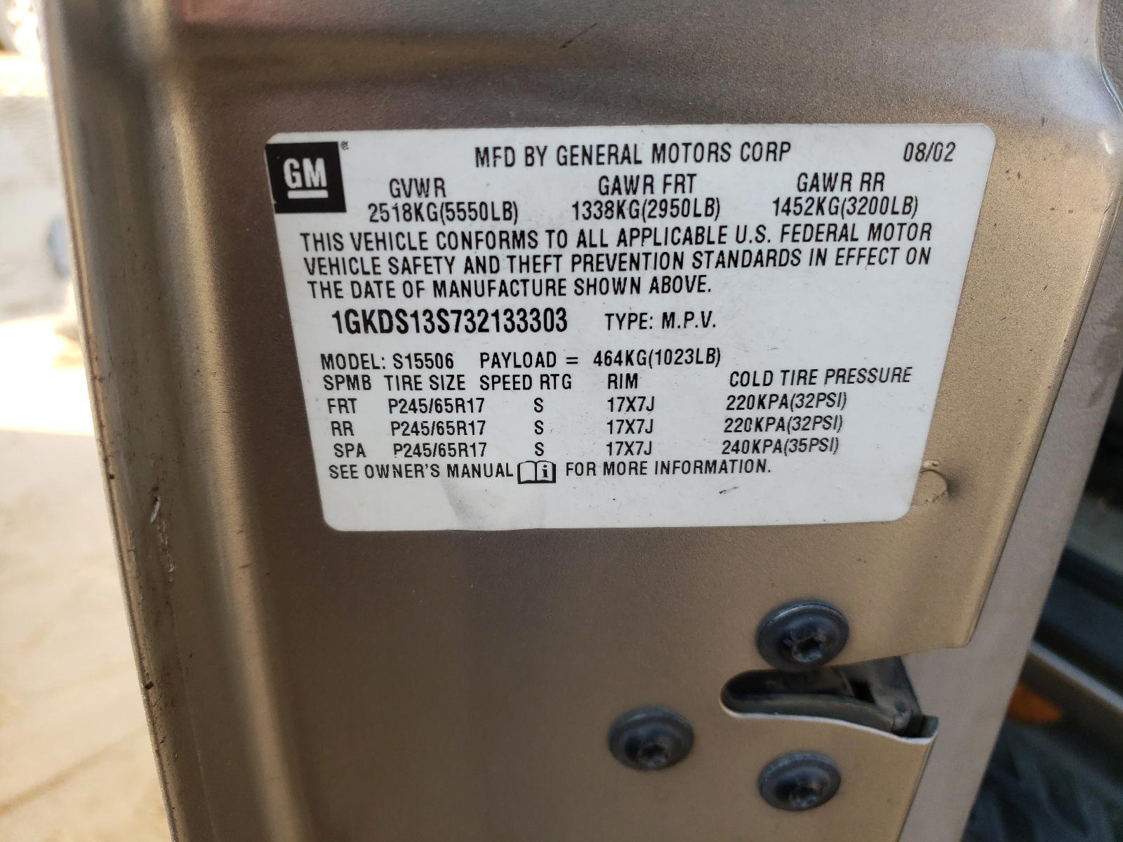 Photo 10 from auction – 2003 GMC ENVOY with VIN 1GKDS13S732133303