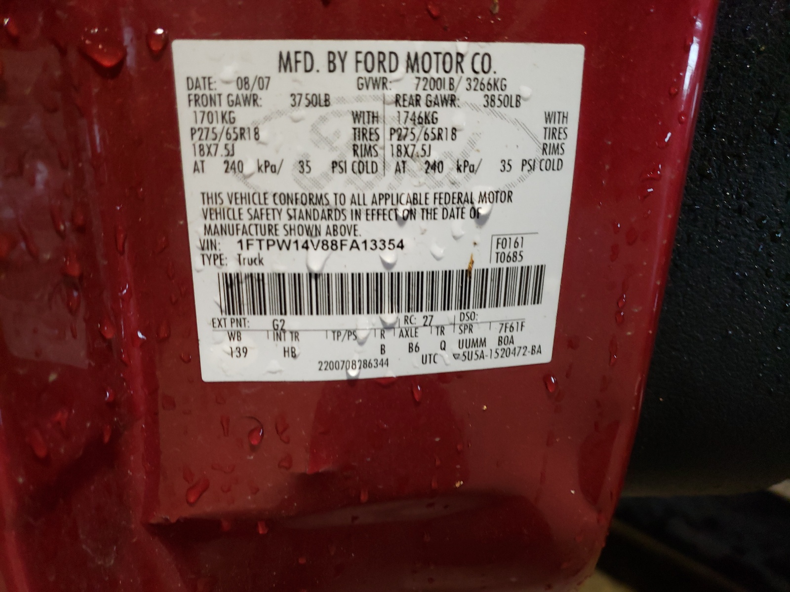 Photo 10 from auction – 2008 FORD F150 SUPER with VIN 1FTPW14V88FA13354