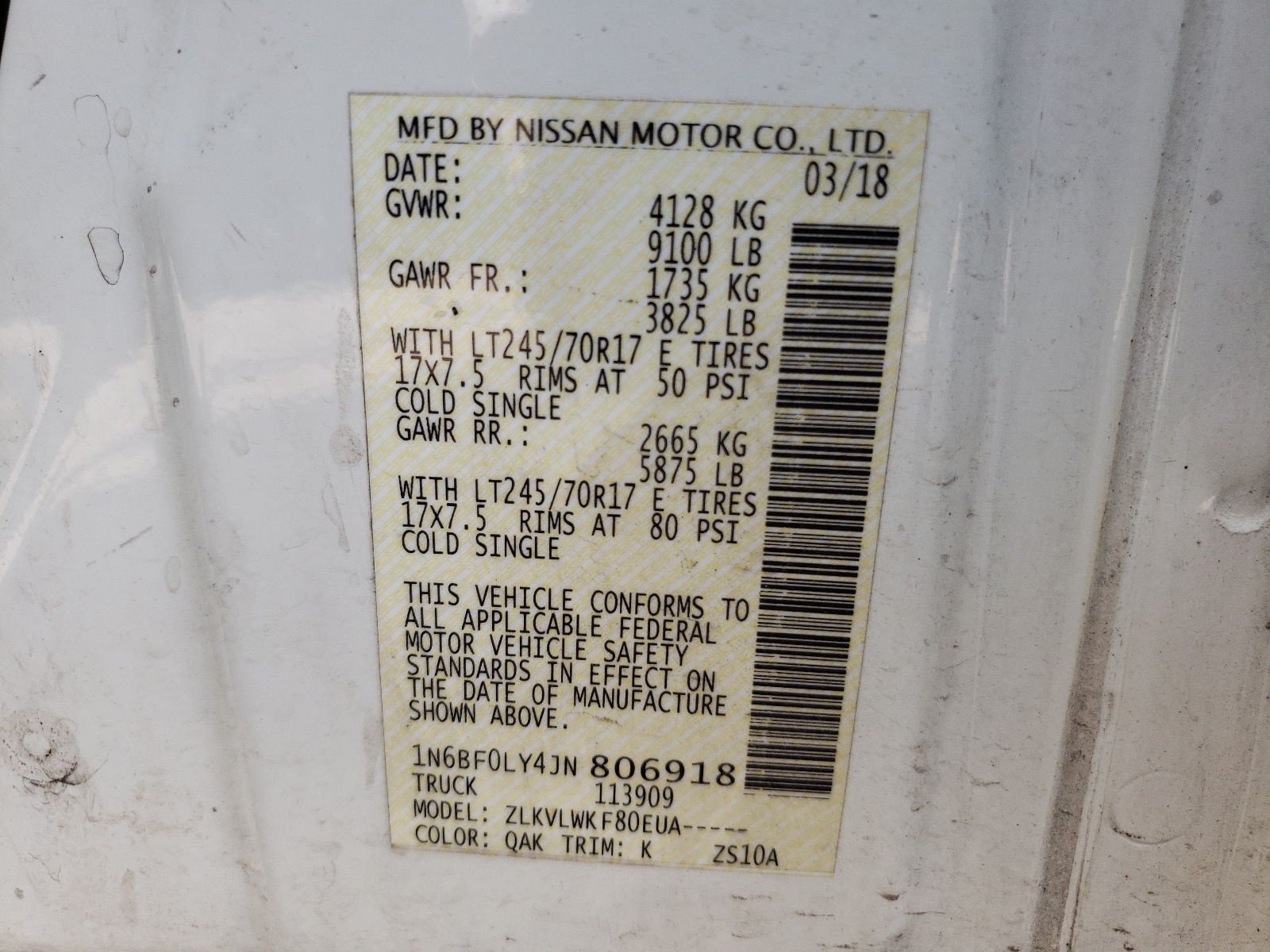 Zdjęcie 10 z aukcji – 2018 NISSAN VAN z VIN 1N6BF0LY4JN806918