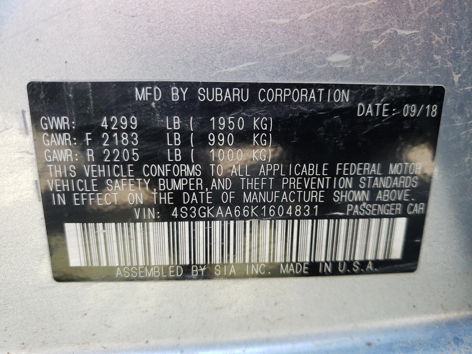 Photo 10 from auction – 2019 SUBARU IMPREZA with VIN 4S3GKAA66K1604831