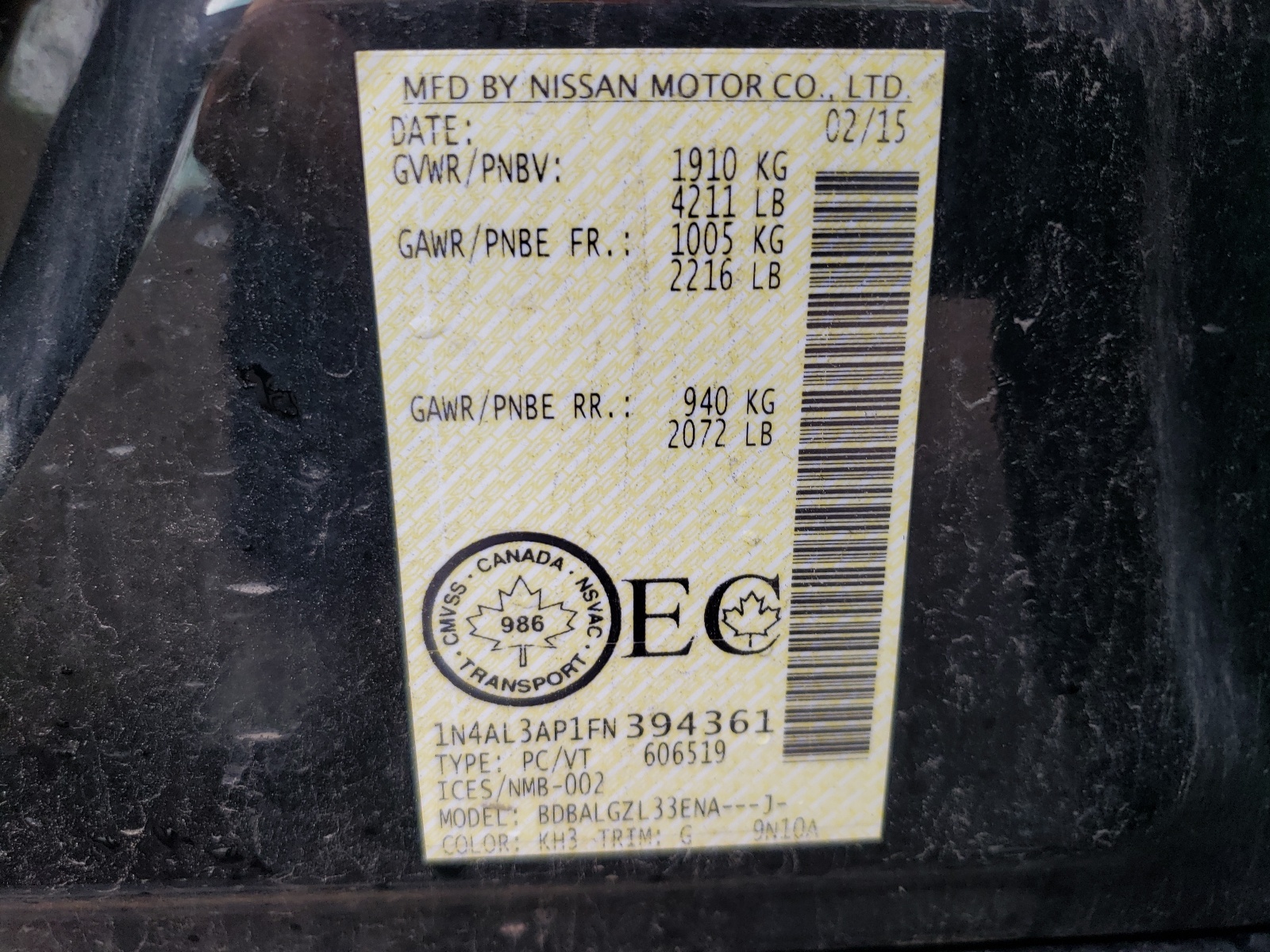 Photo 10 from auction – 2015 NISSAN ALTIMA 2.5 with VIN 1N4AL3AP1FN394361