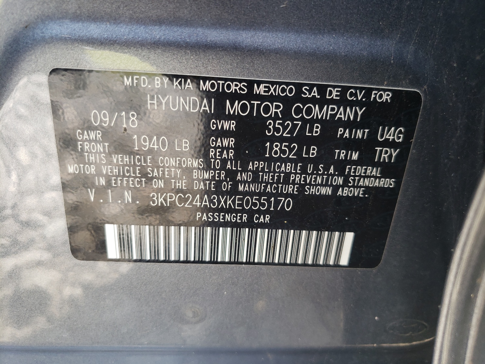 Photo 10 from auction – 2019 HYUNDAI ACCENT SE with VIN 3KPC24A3XKE055170