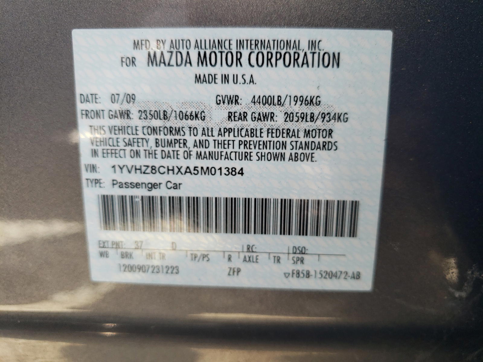 Photo 10 from auction – 2010 MAZDA 6 with VIN 1YVHZ8CHXA5M01384