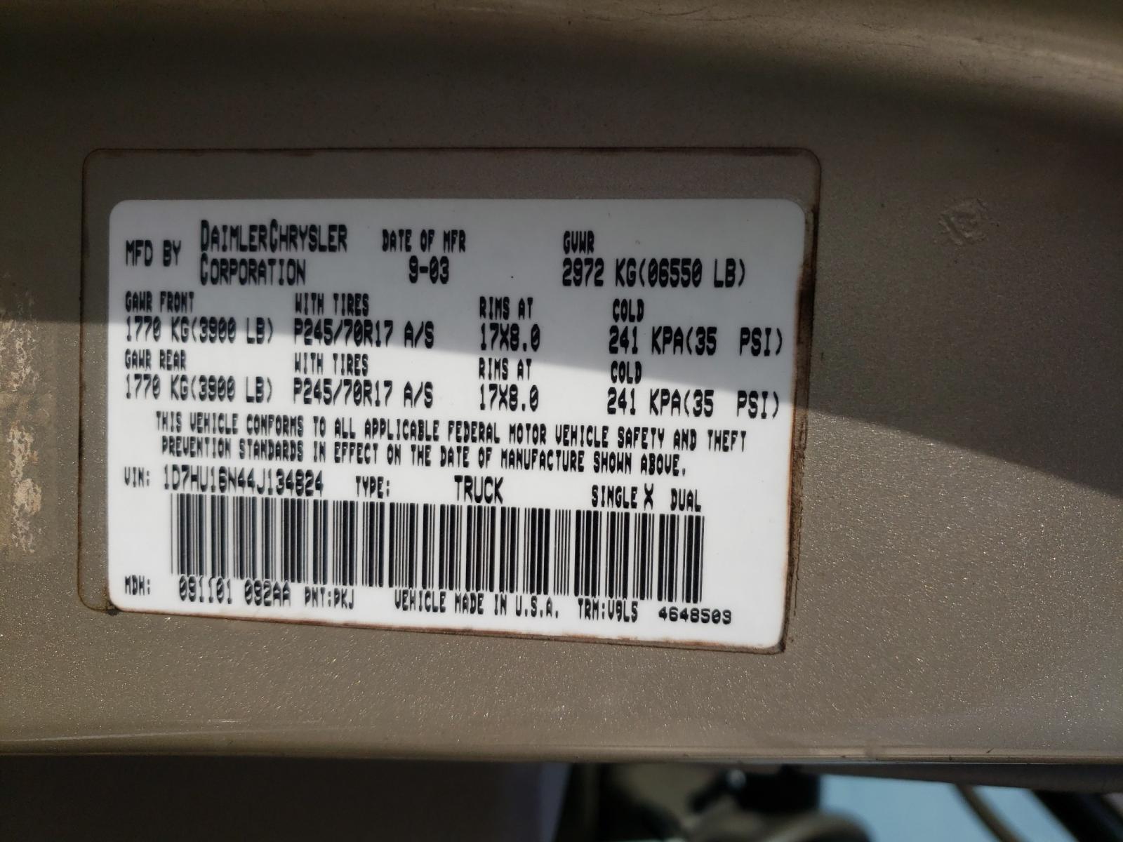 Photo 10 from auction – 2004 DODGE RAM 1500 S with VIN 1D7HU16N44J134824