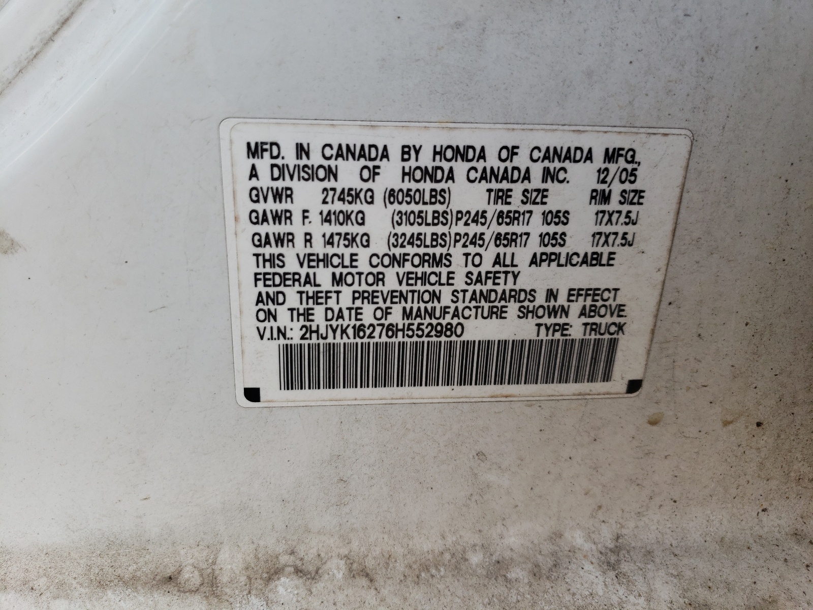 Photo 10 from auction – 2006 HONDA RIDGELINE with VIN 2HJYK16276H552980