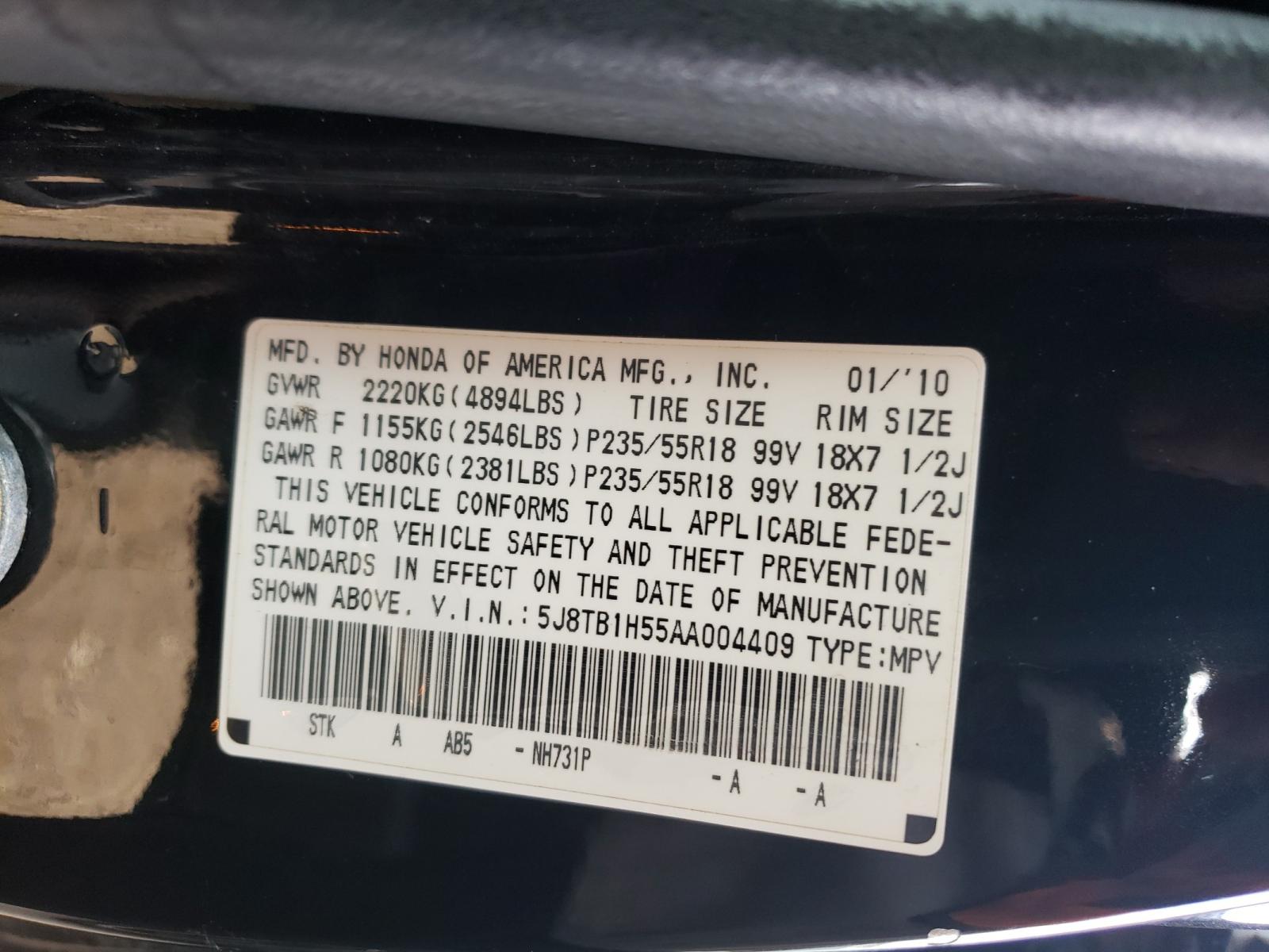 Photo 10 from auction – 2010 ACURA RDX TECHNO with VIN 5J8TB1H55AA004409